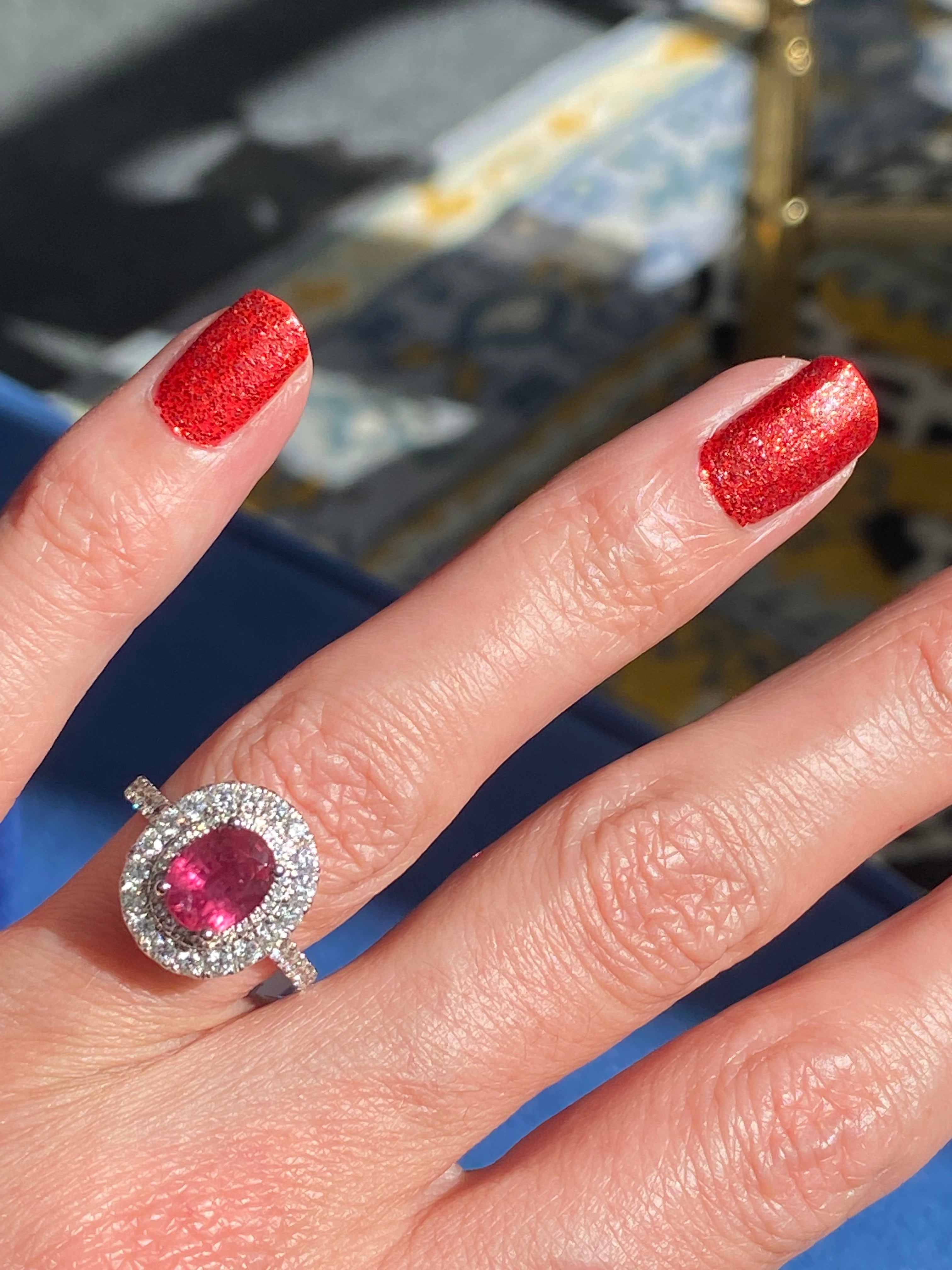 2.56 CTW Oval-Cut Ruby and Natural Diamond Double Halo Ring in Platinum