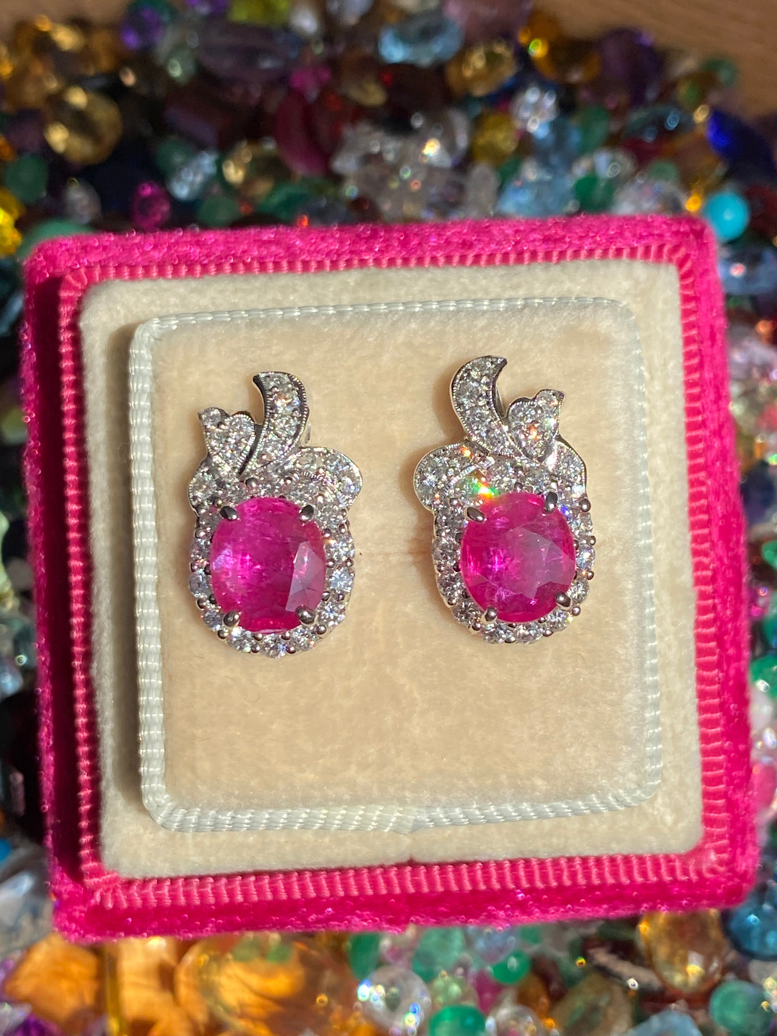 3.98 CTW Vintage Burmese Ruby Stud Earrings in 18ct White Gold