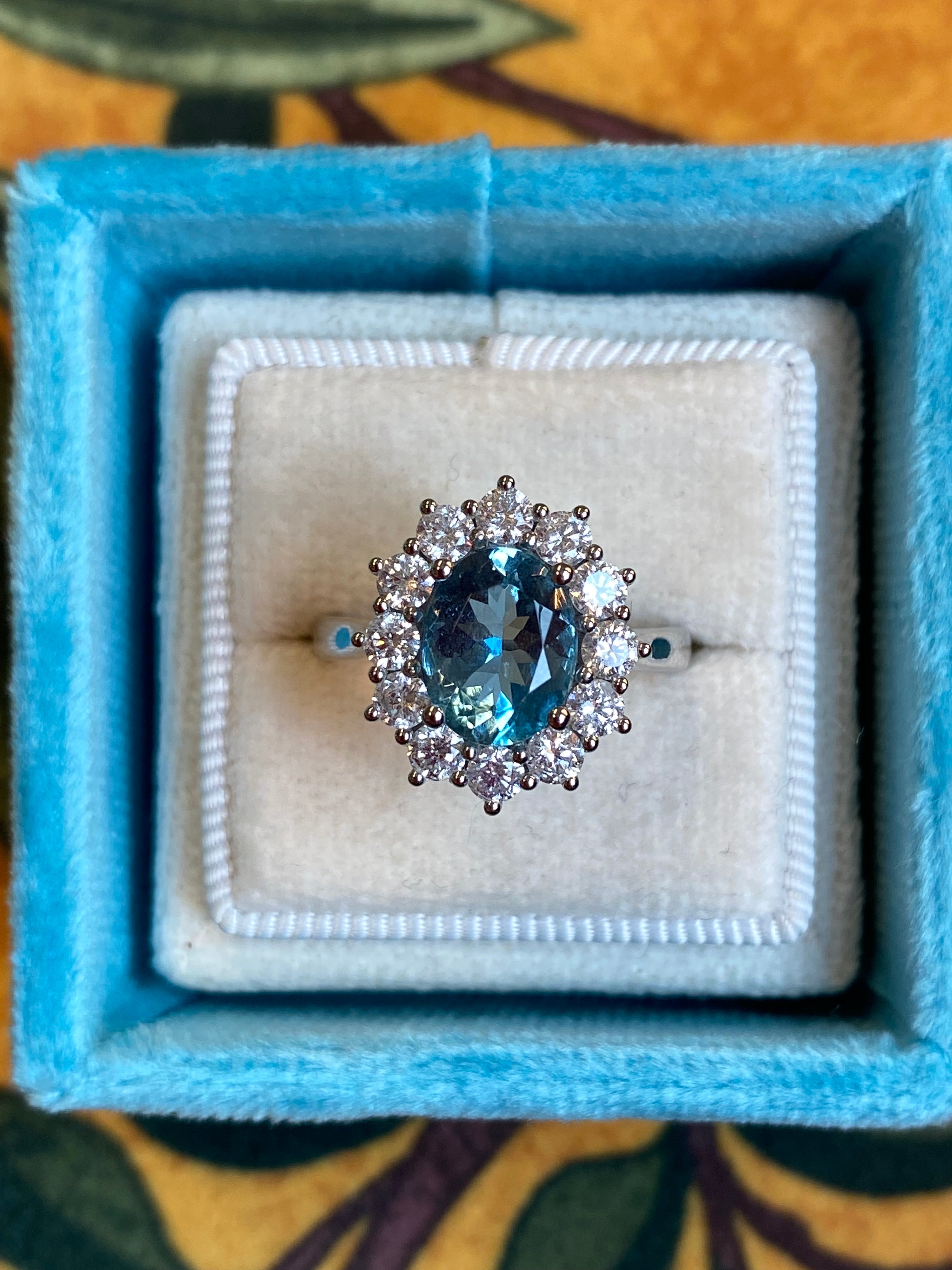 2.68 CTW Oval Cut Aquamarine and Natural Diamond Halo Engagement Ring in Platinum