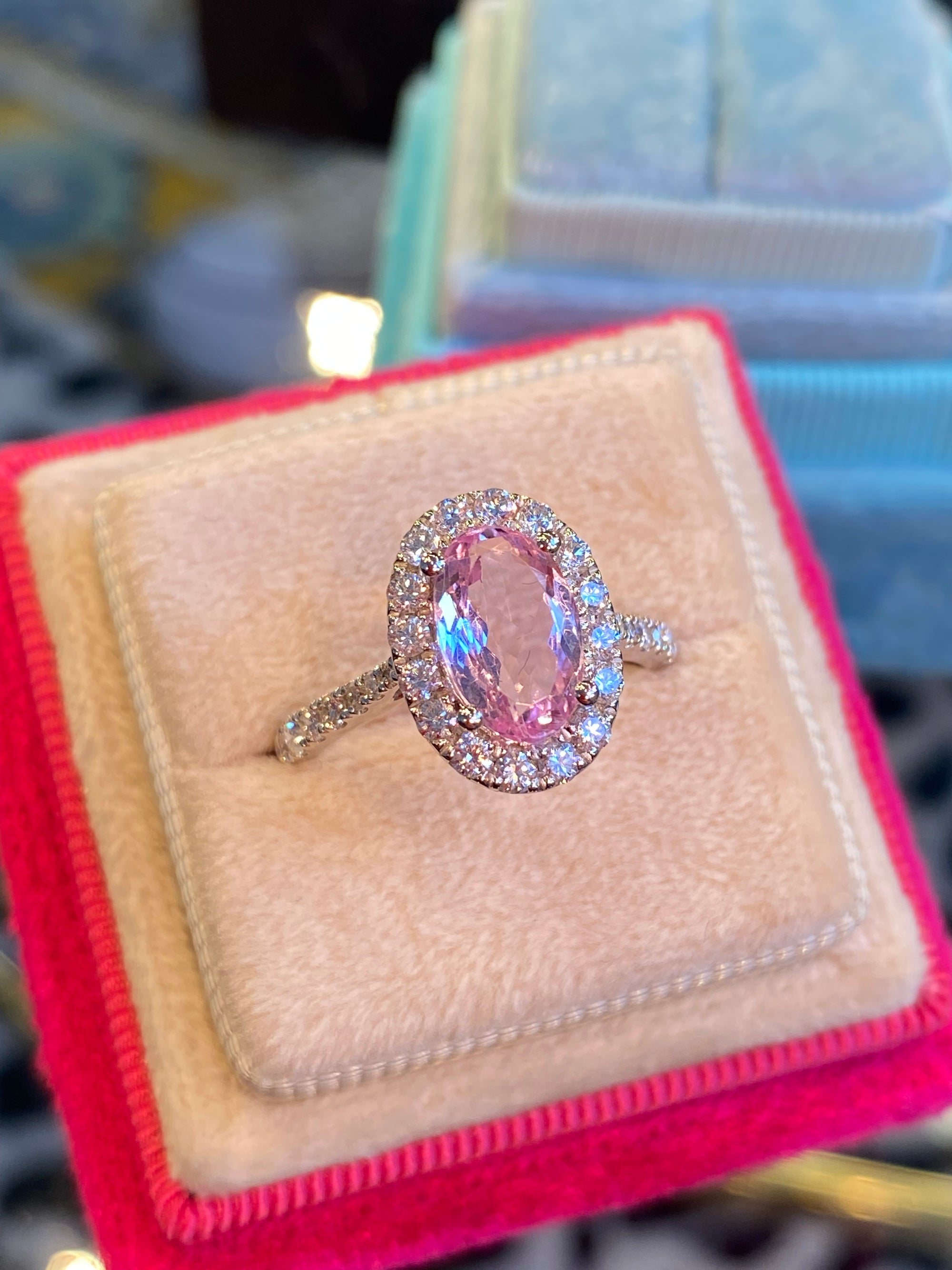 1.94 CTW Oval Cut Pink Topaz and Natural Diamond Halo Ring in Platinum
