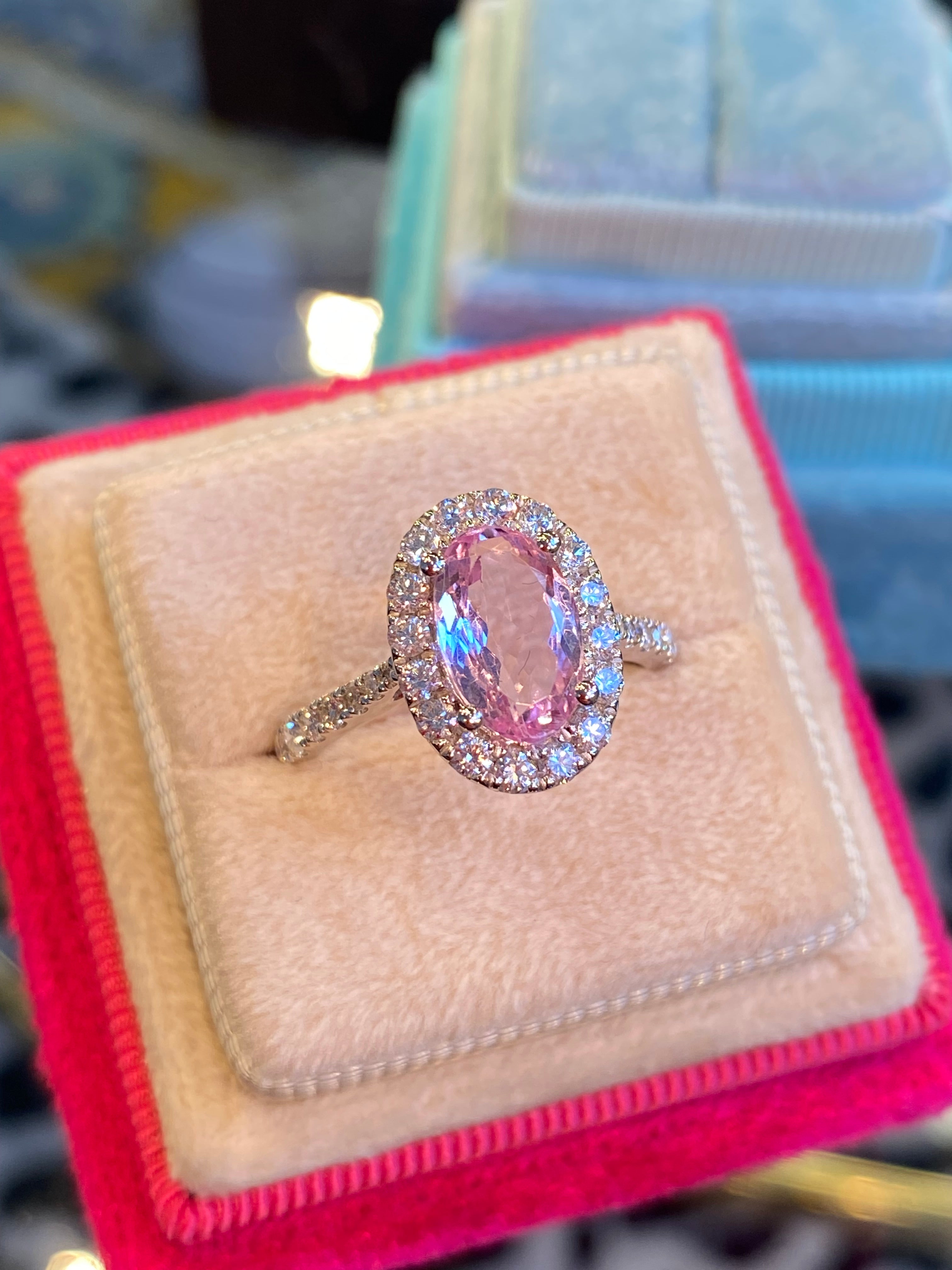 1.94 CTW Oval Cut Pink Topaz and Natural Diamond Halo Ring in Platinum
