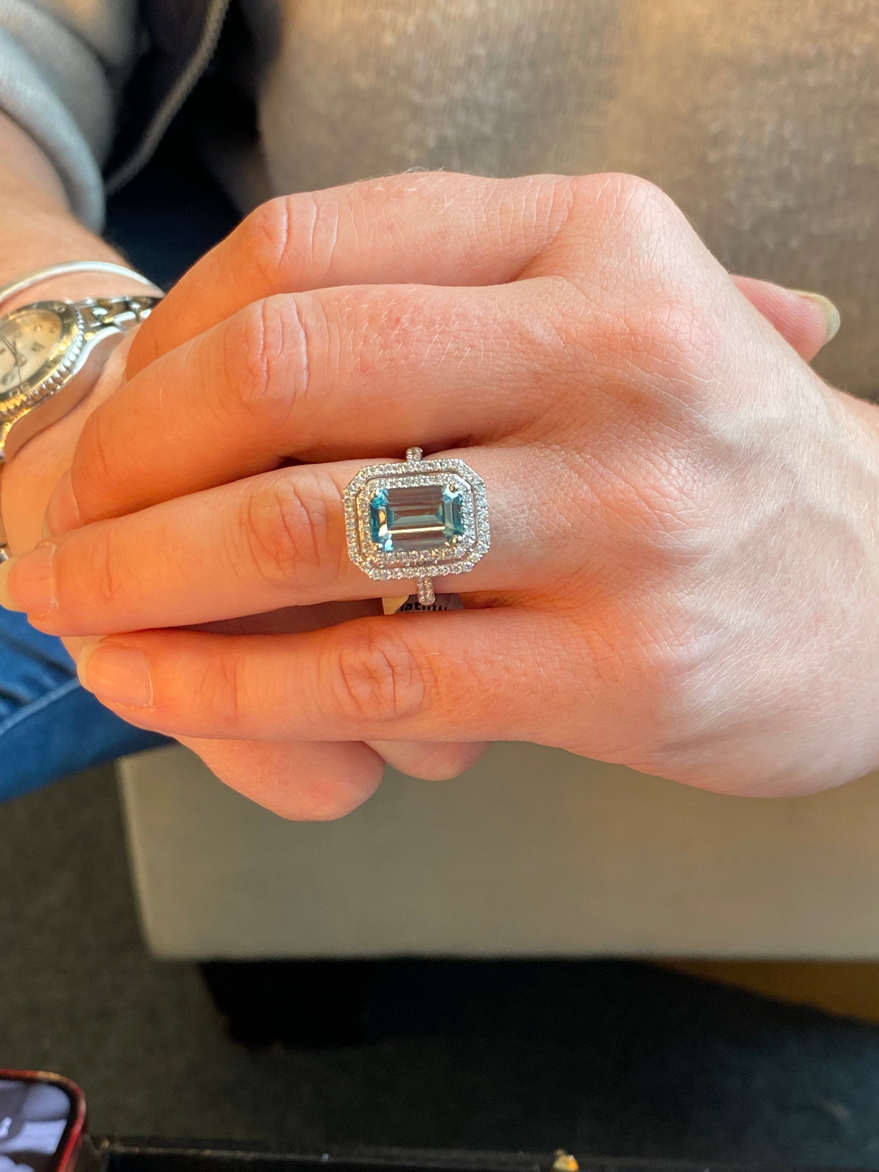 4.74 Ctw Blue Zircon and Natural Diamond Halo Ring in Platinum
