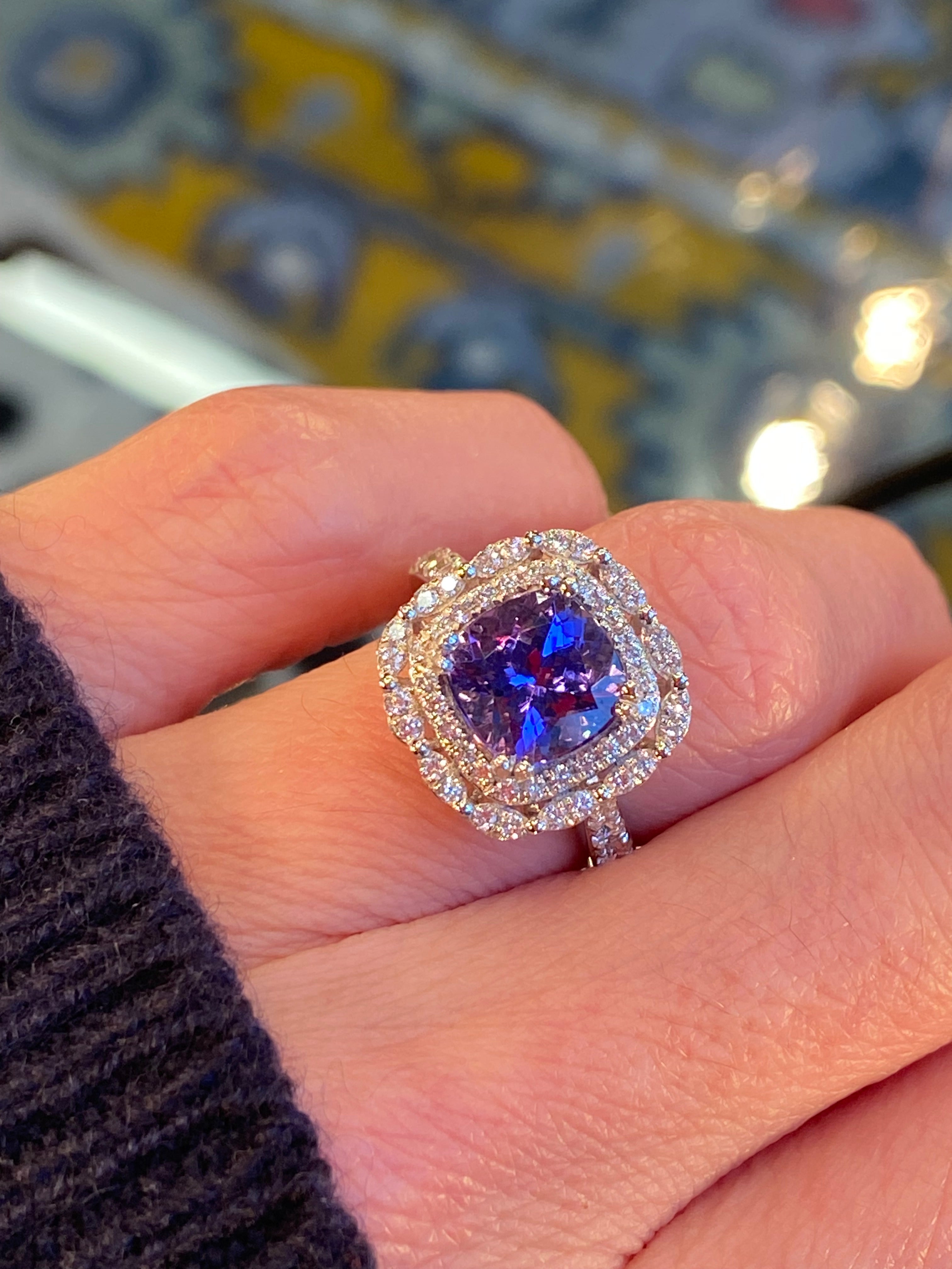 2.36 Carat Cushion Cut Tanzanite and 0.71 ctw Natural Diamond Ring in Platinum