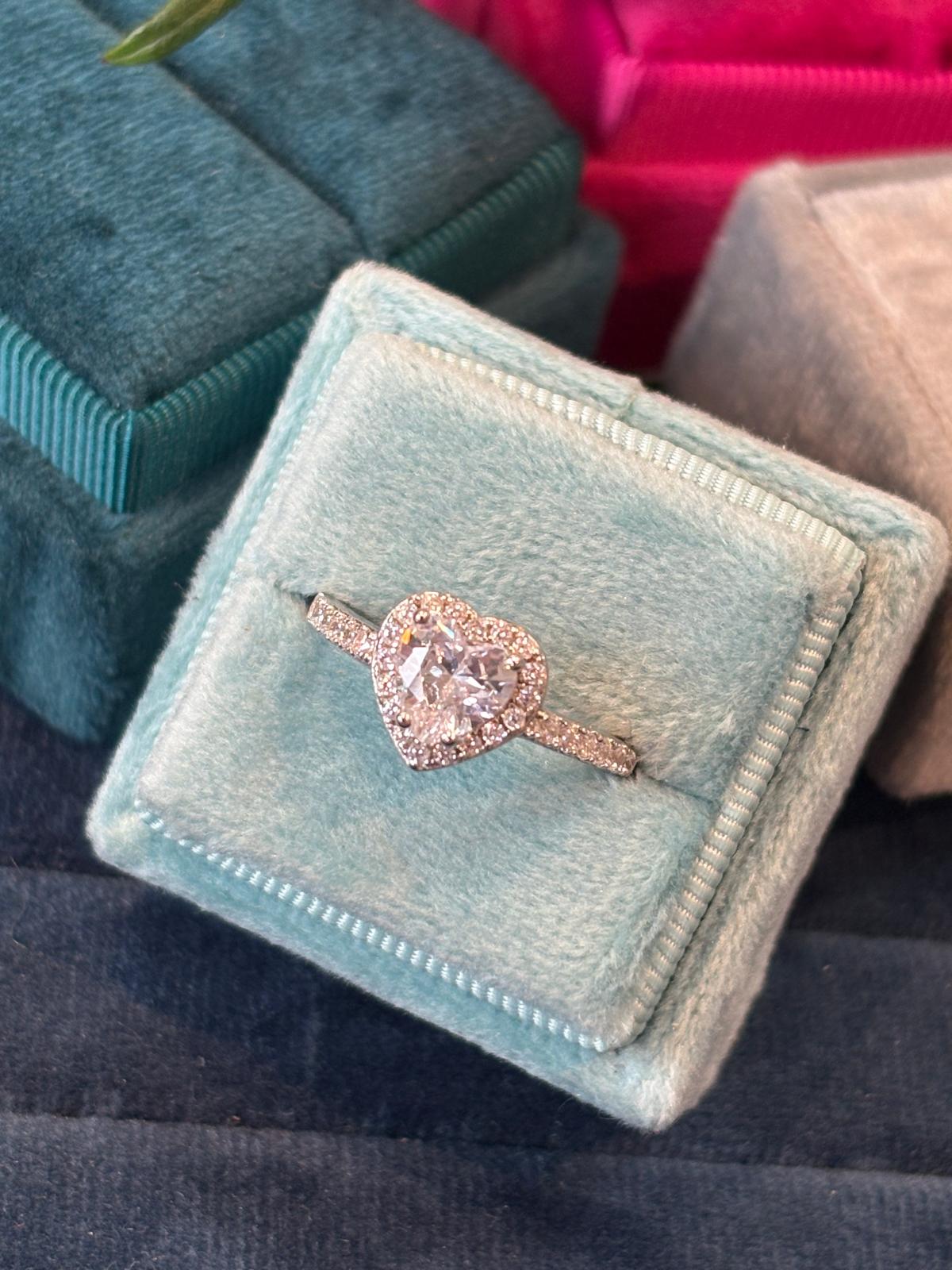 Heart Shape Moissanite Halo Engagement and Wedding / Eternity Ring Set in Sterling Silver
