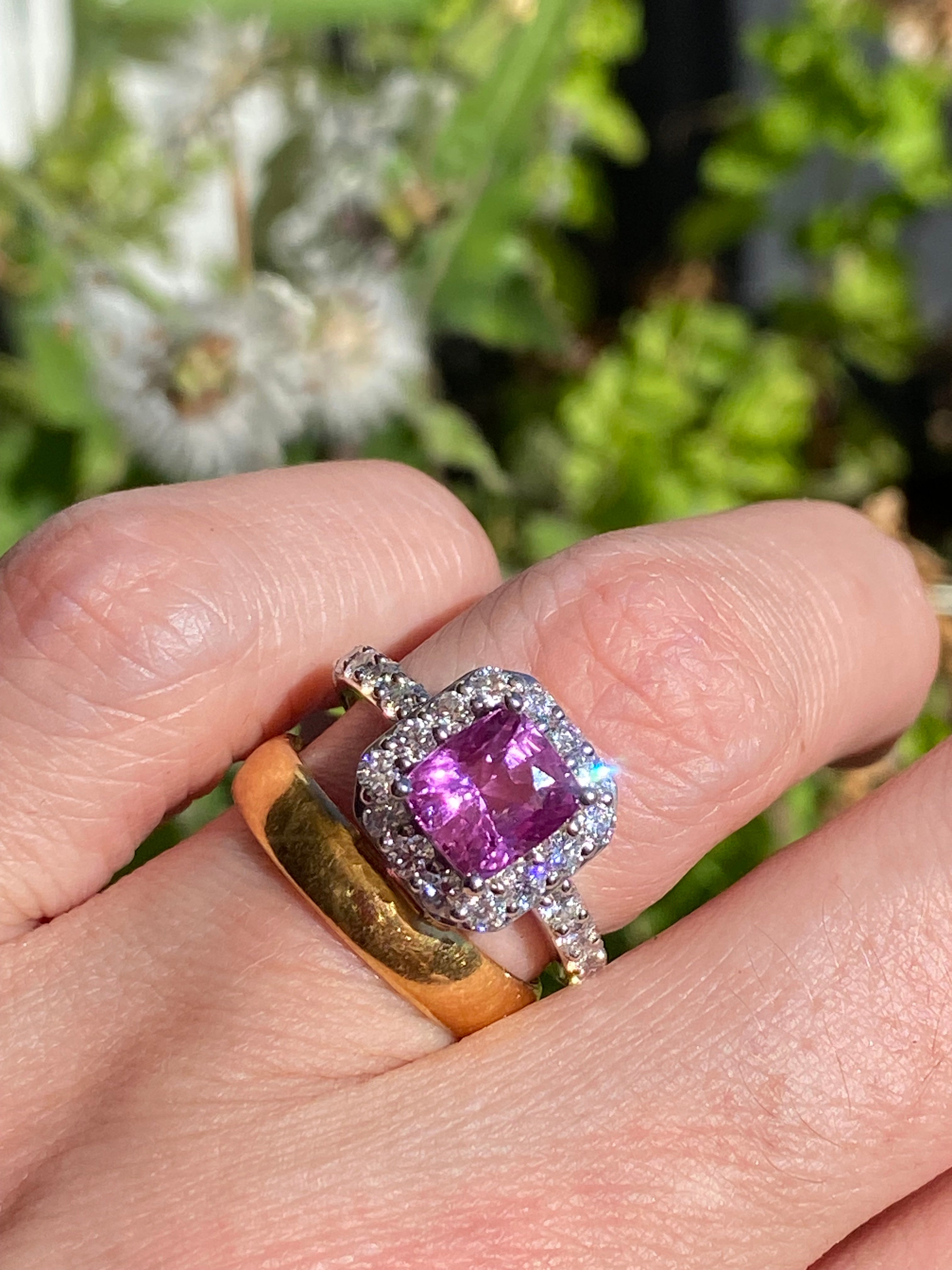 3.08 CTW Cushion Cut Pink Sapphire and Natural Diamond Art Deco Style Ring in Platinum