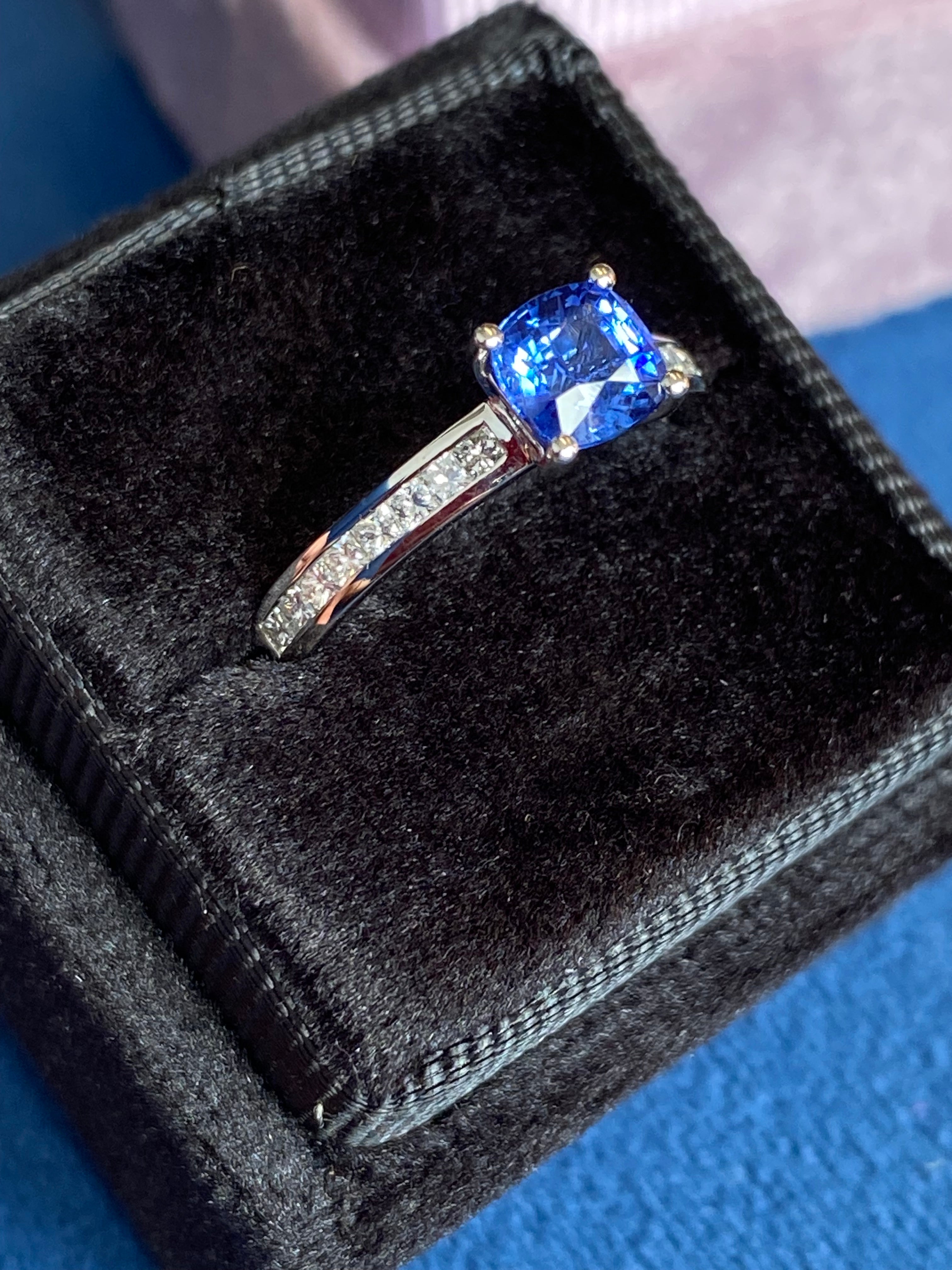 1.02 Carat Cushion Cut Blue Ceylon Sapphire Solitaire Style Engagement Ring in Platinum