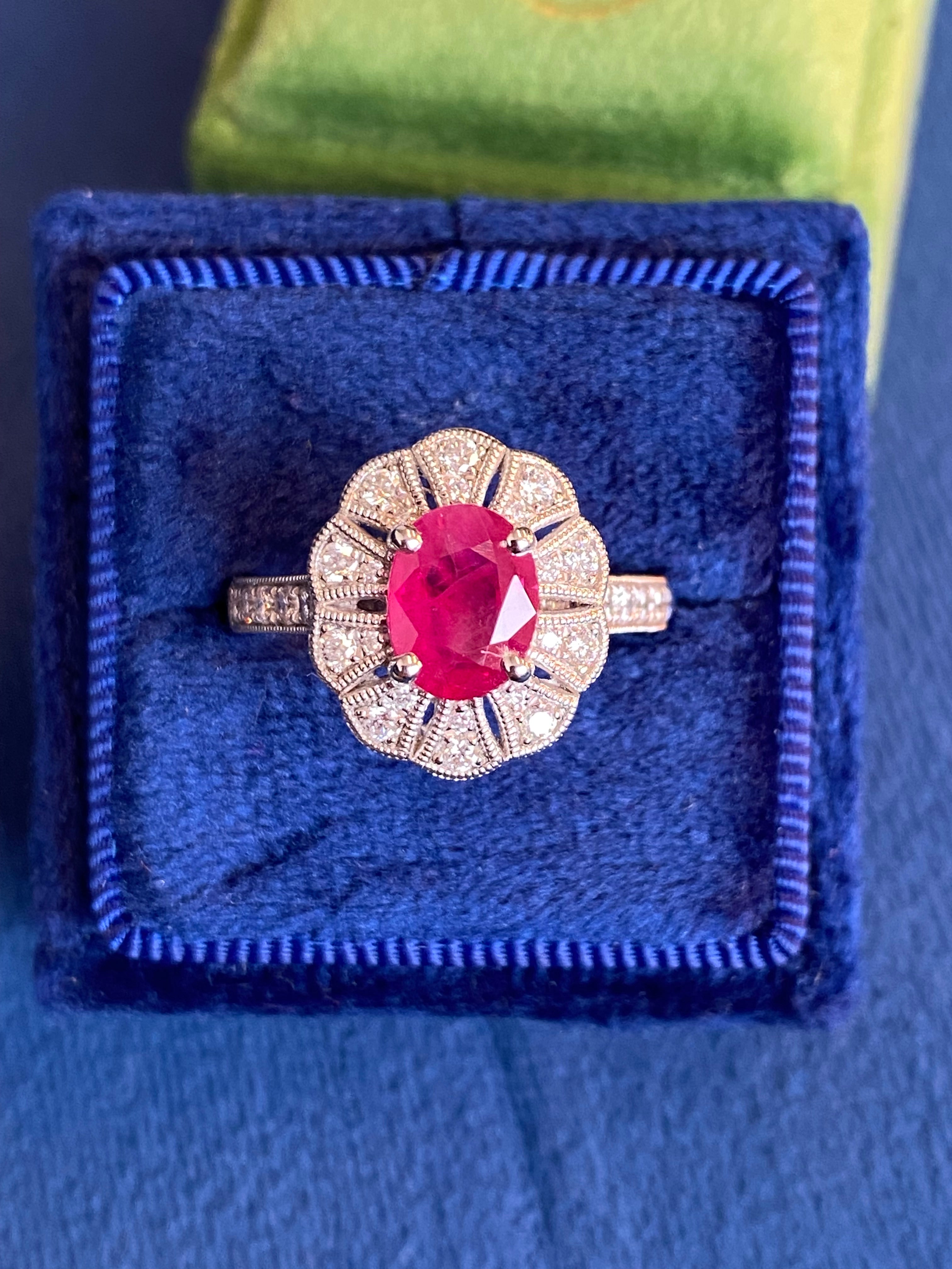 1.71 CTW Oval Cut Ruby and Diamond Art Deco Style Ring in Platinum