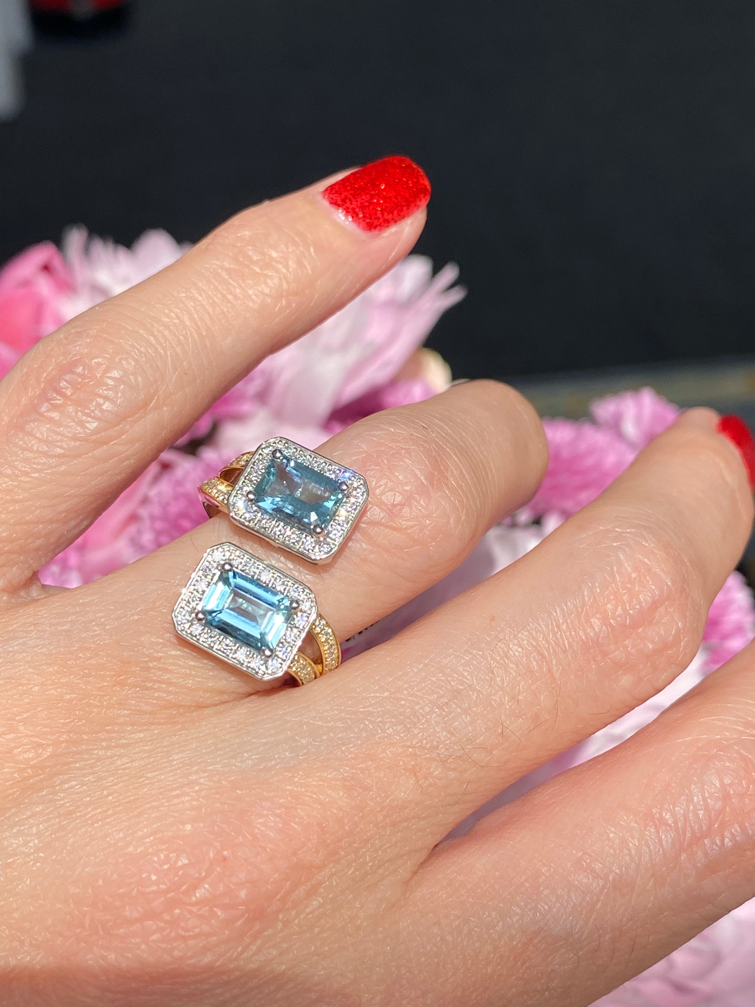 2.25ctw Aquamarine and Natural Diamond Toi et Moi Ring in Platinum and 18ct Yellow Gold