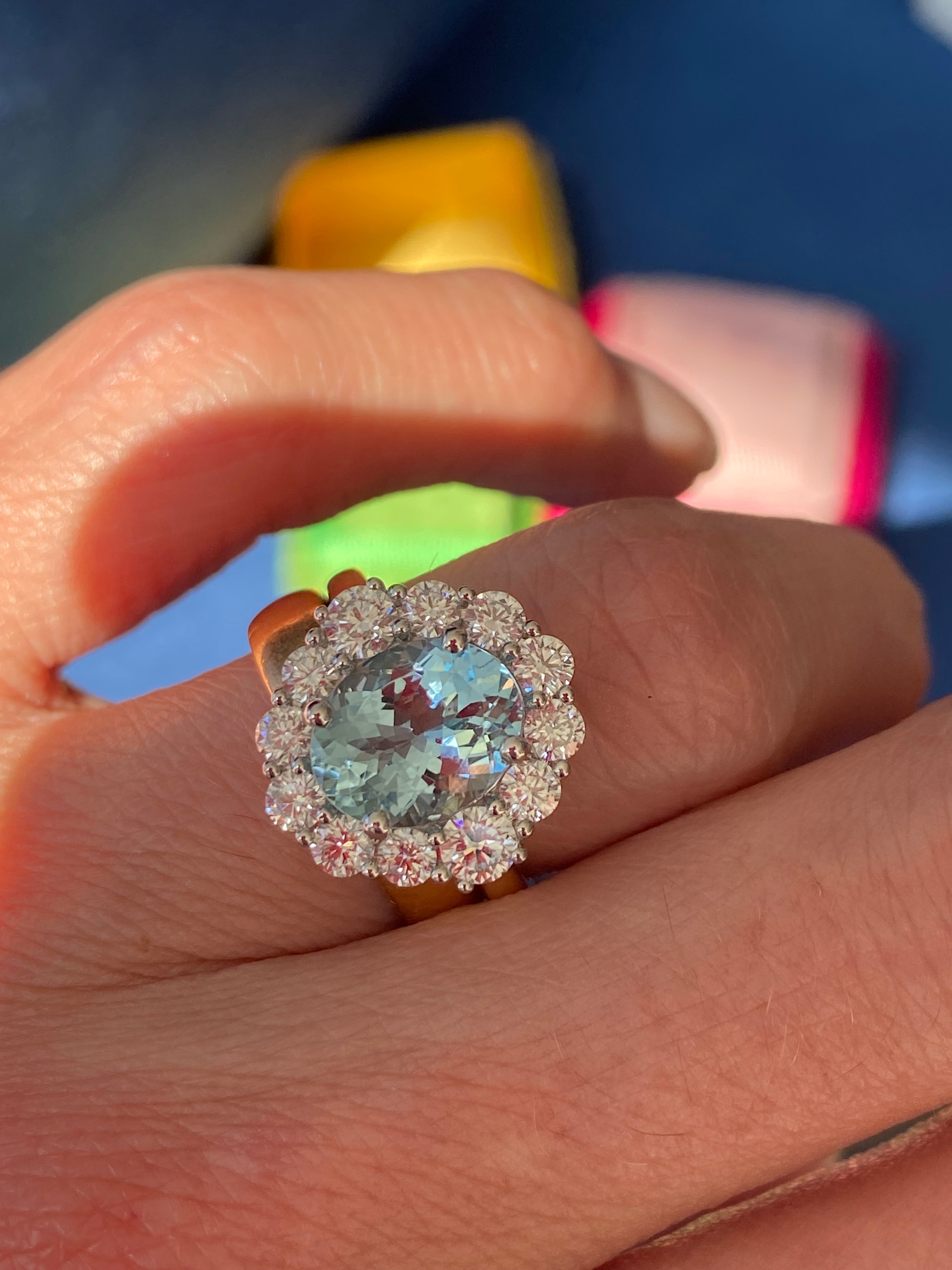 3.53 CTW Aquamarine and Natural Diamond Halo Ring in Platinum and 18ct Yellow Gold