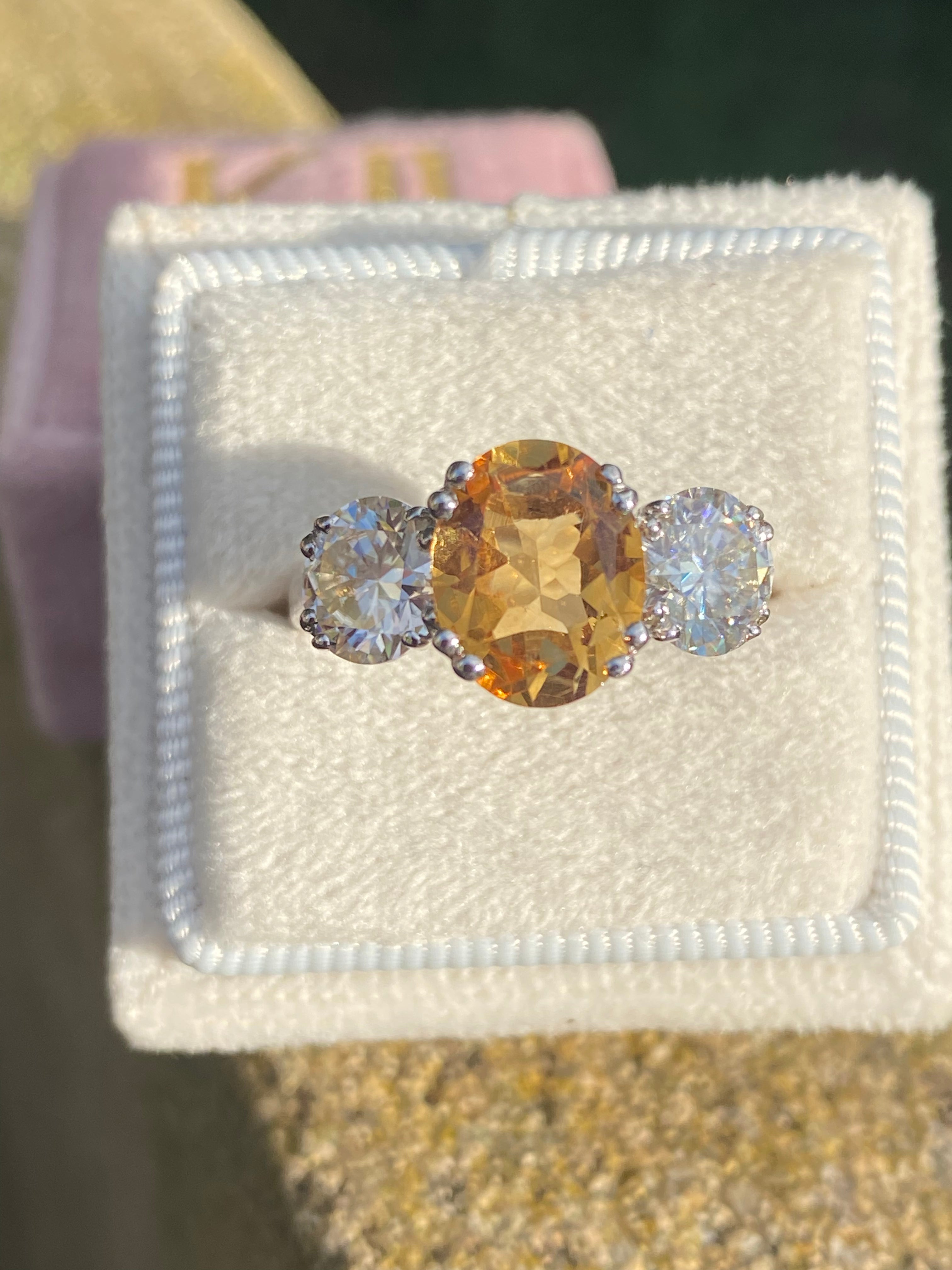 2.57 Carat Citrine and 1.84 Carat Moissanite Three Stone Ring in Sterling Silver