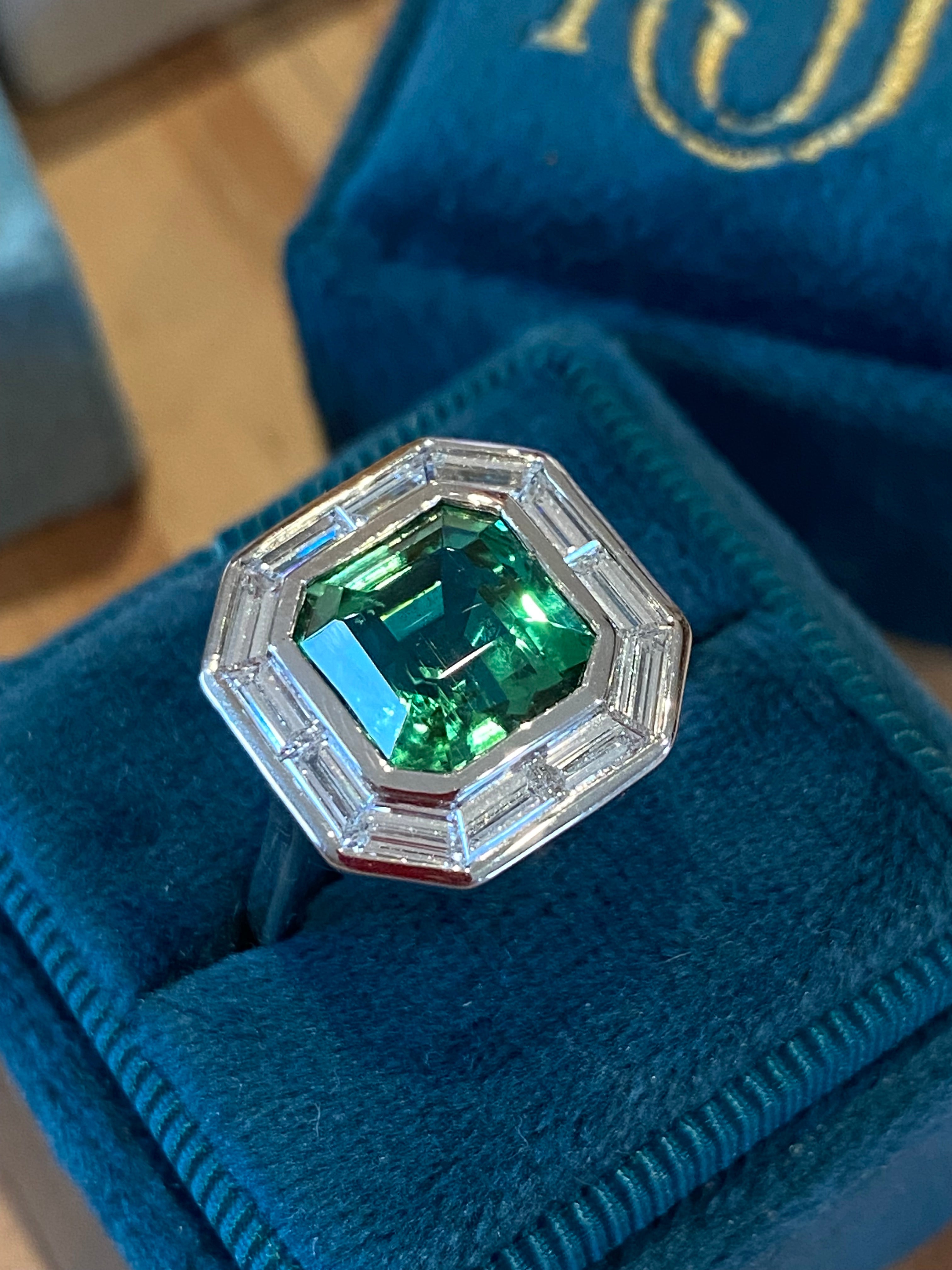 3.98 Carat Mint Tourmaline and 1.15ctw Natural Diamond Ring in Platinum
