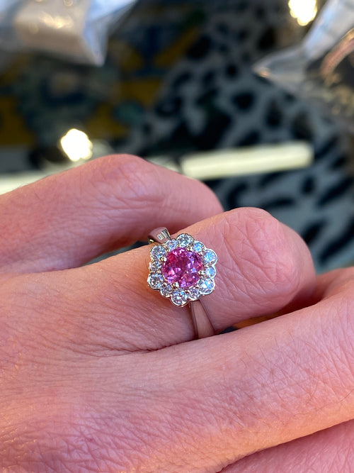 1.26 CTW Round Cut Pink Sapphire and Natural Diamond Halo Engagement Ring in Platinum
