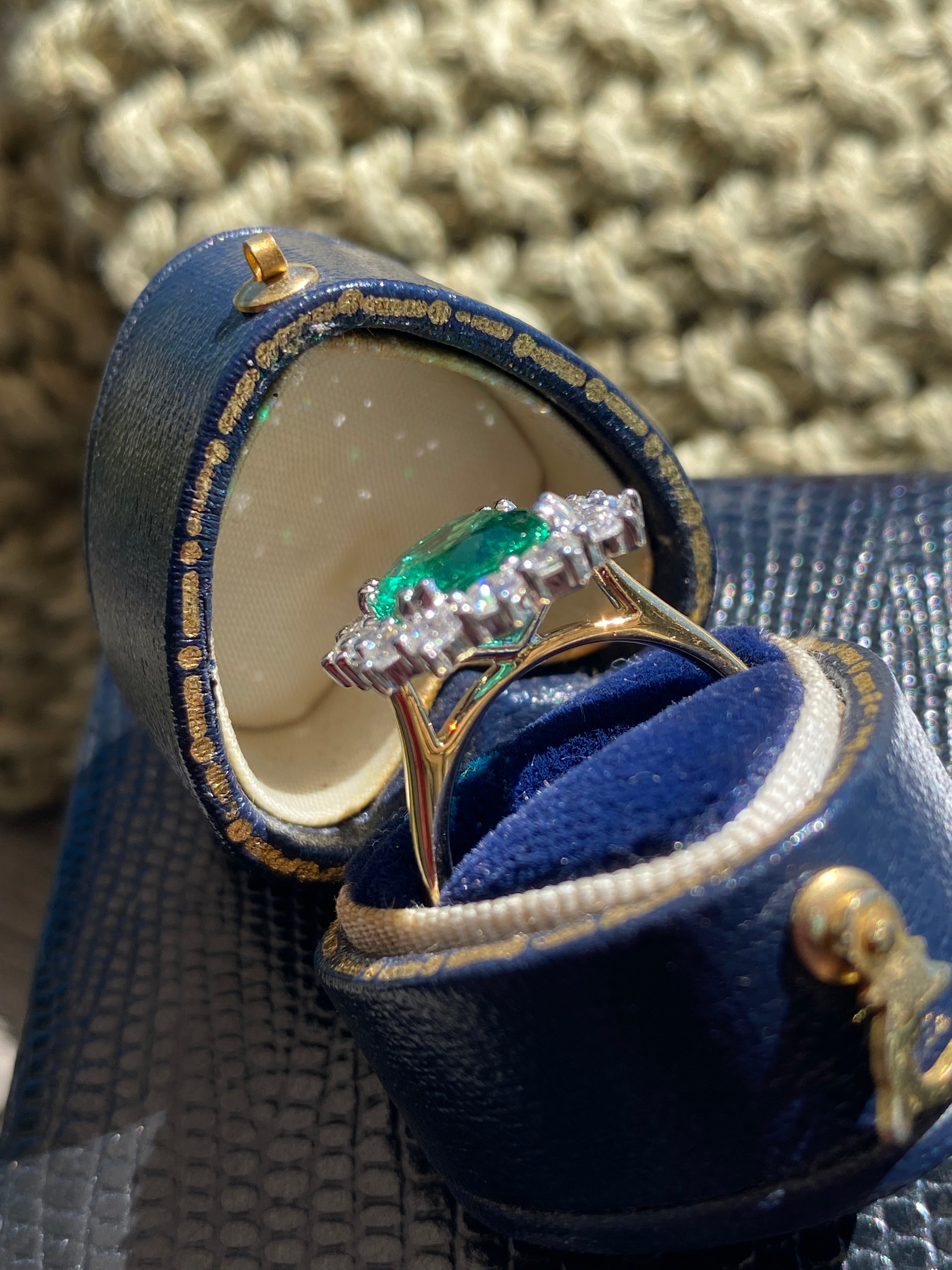 2.58 Carat Cushion Cut GIA Zambian Emerald and 1.07 CTW Natural Diamond Halo Ring in Platinum and 18ct Yellow Gold