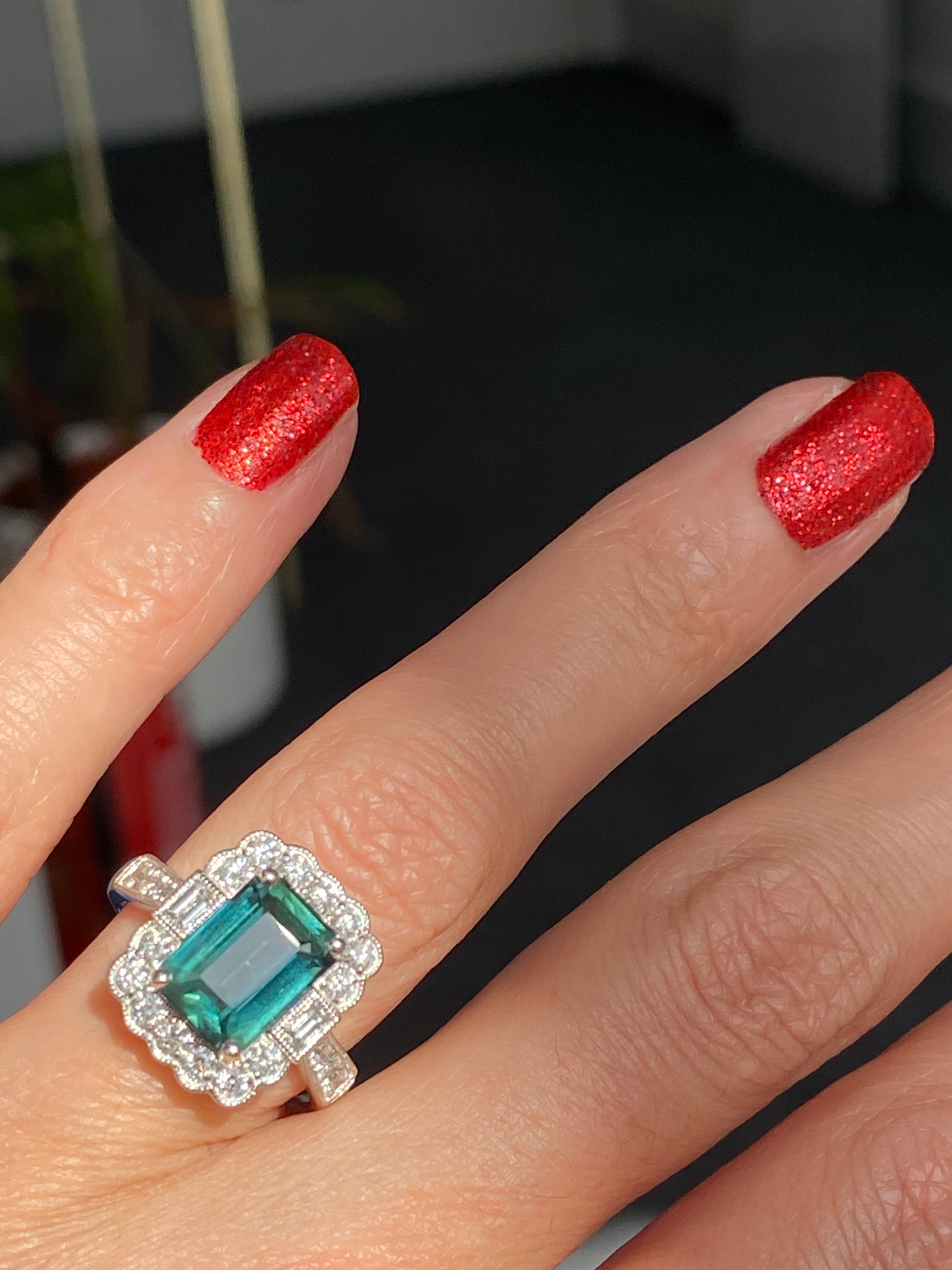 3.73 Carat Teal Sapphire and Natural Diamond Ring in Platinum