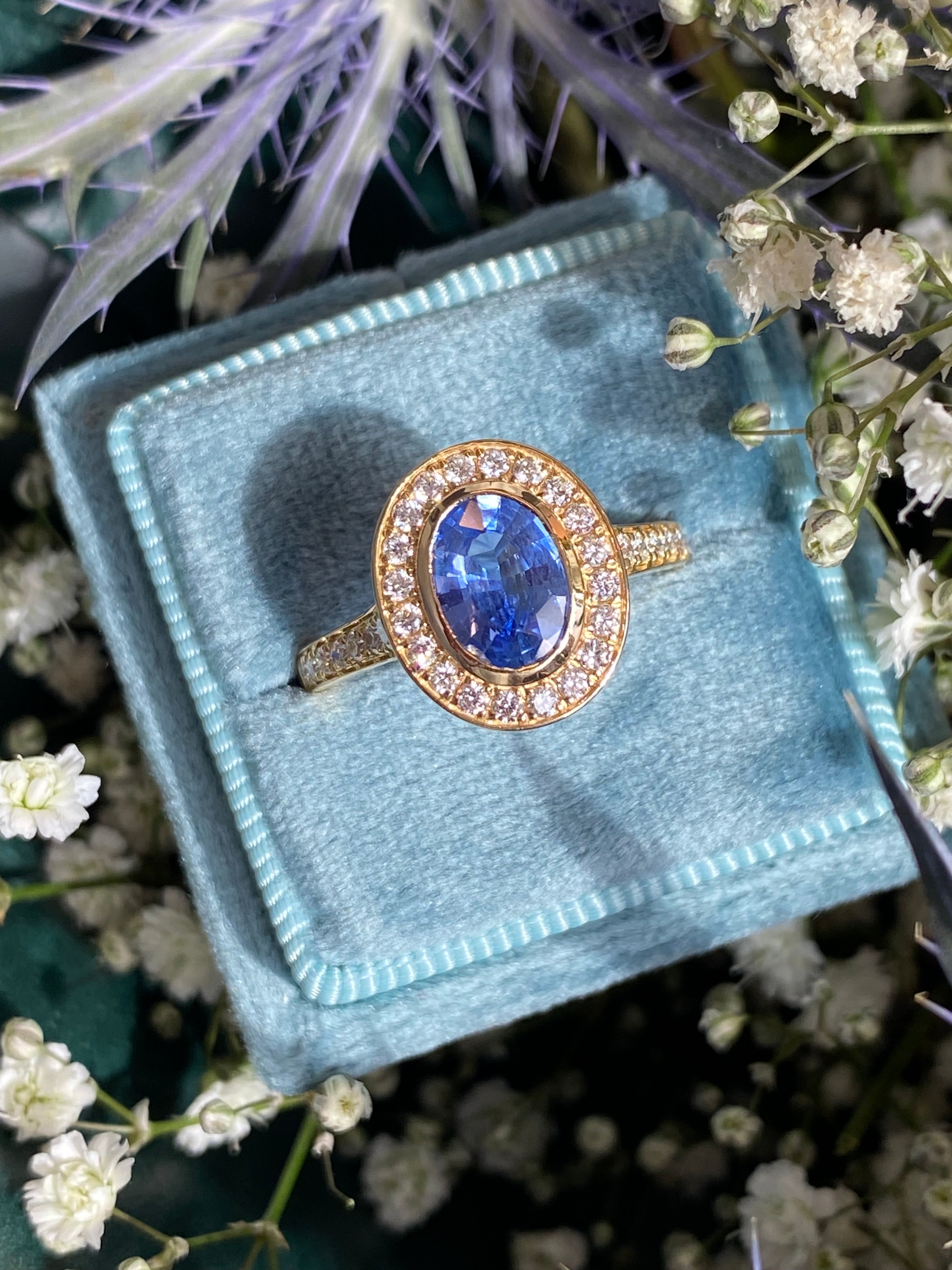 1.64 CTW Violet Sapphire and Natural Diamond Halo Ring in 18ct Yellow Gold