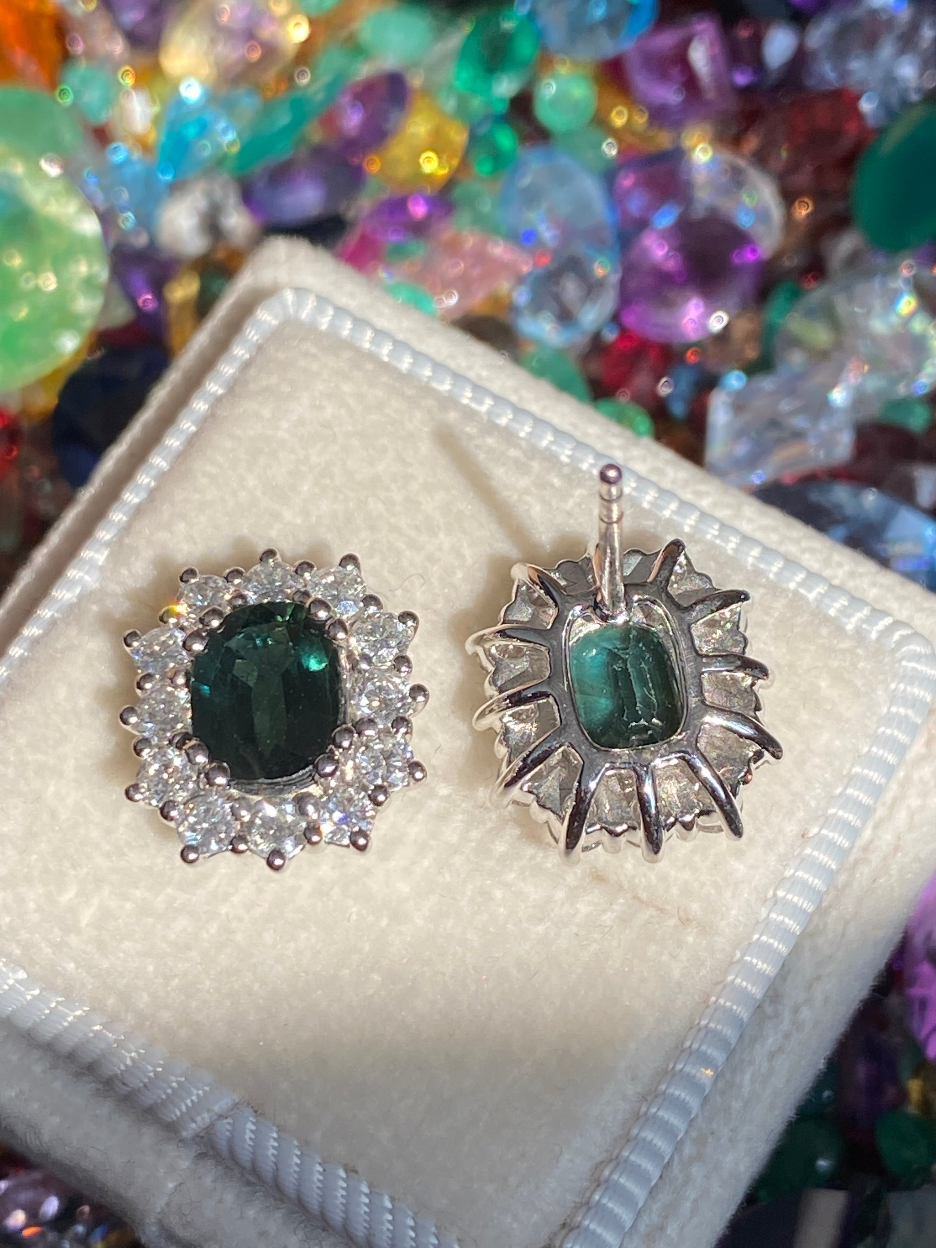 3.77 CTW Teal Sapphire and Natural Diamond Halo Stud Earrings in 18ct White Gold