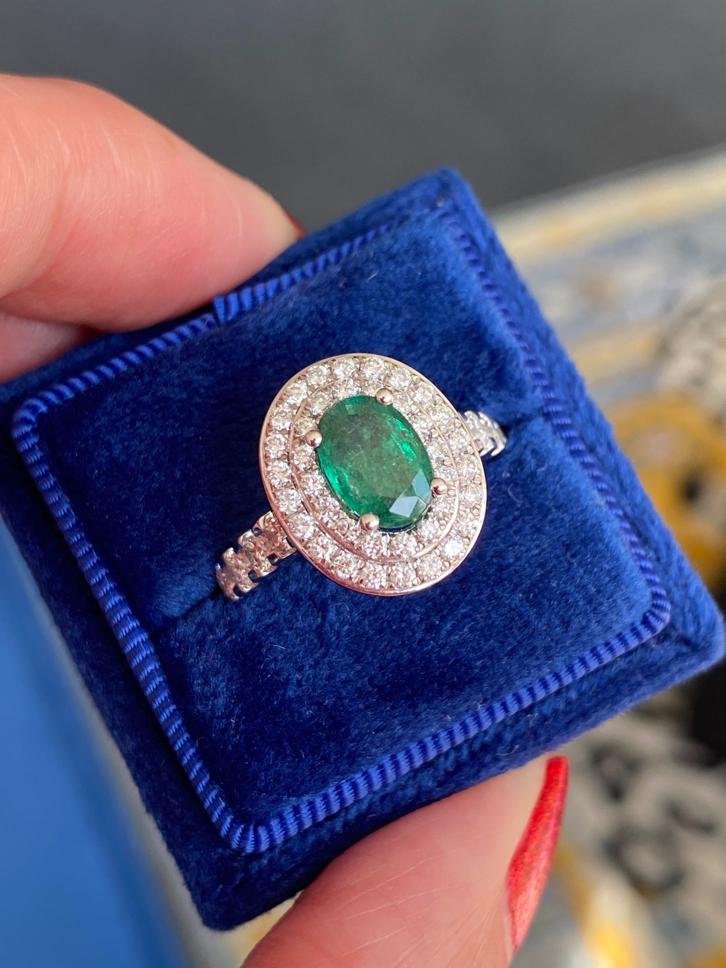 2.22 Ctw Emerald and Natural Diamond Double Halo Ring in Platinum