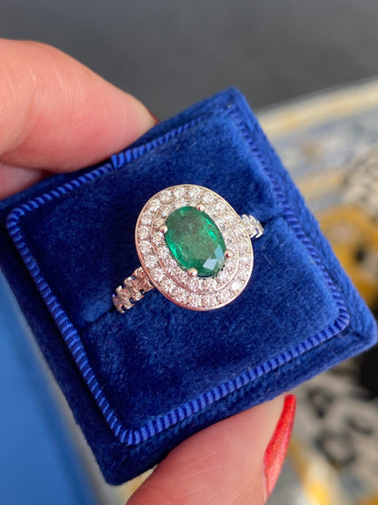 2.22 Ctw Emerald and Natural Diamond Double Halo Ring in Platinum