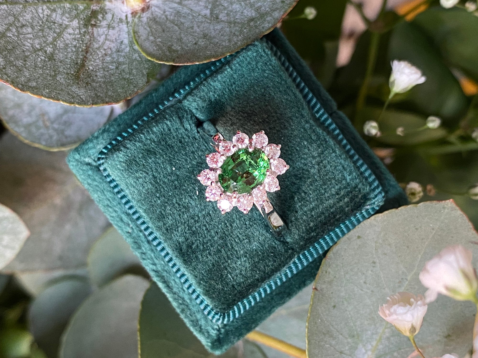1.50 CTW Tsavorite Garnet and Diamond Halo Engagement Ring in 18ct White Gold