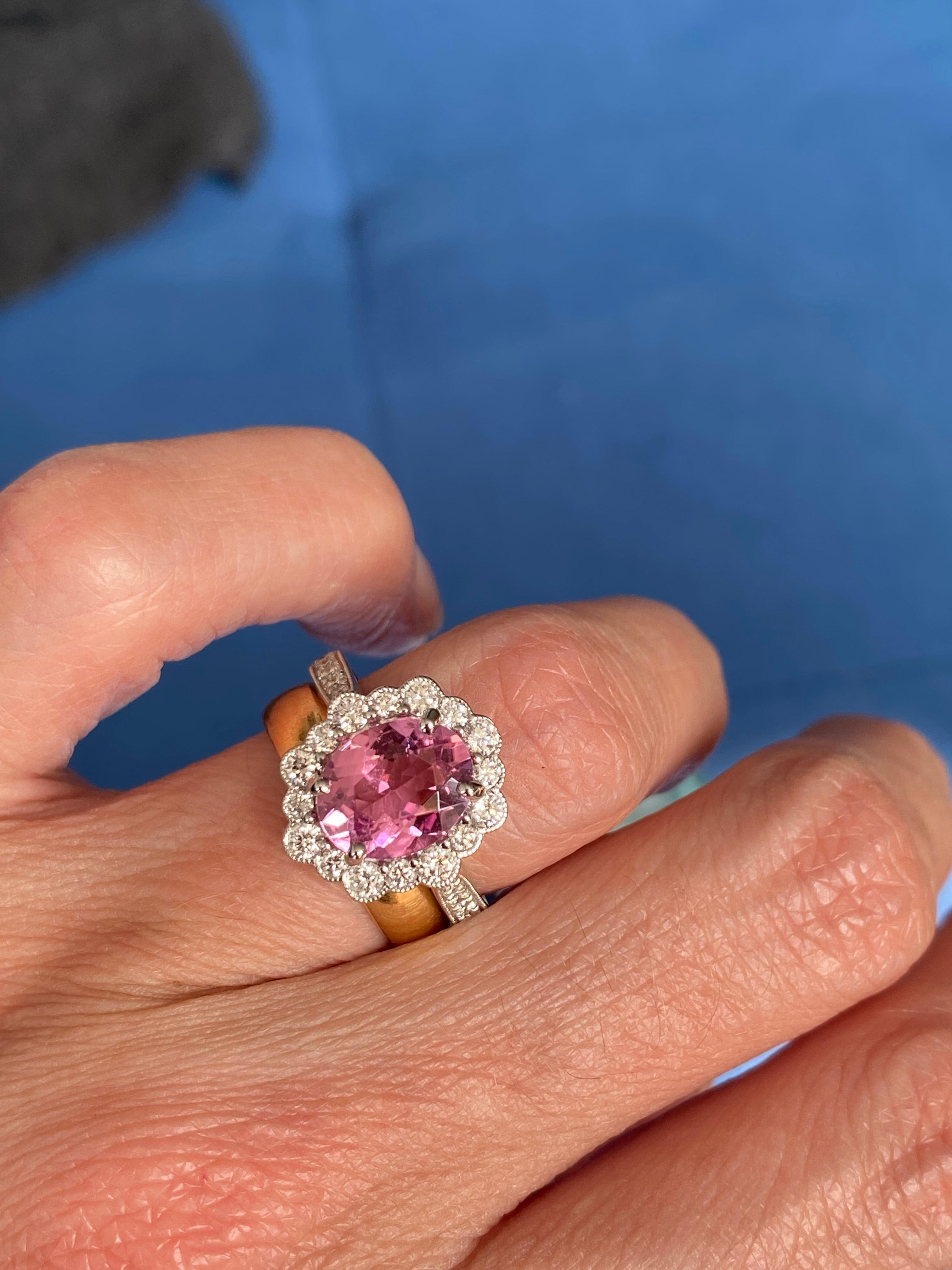 3.01 CTW Pink Tourmaline and Natural Diamond Halo Ring in Platinum