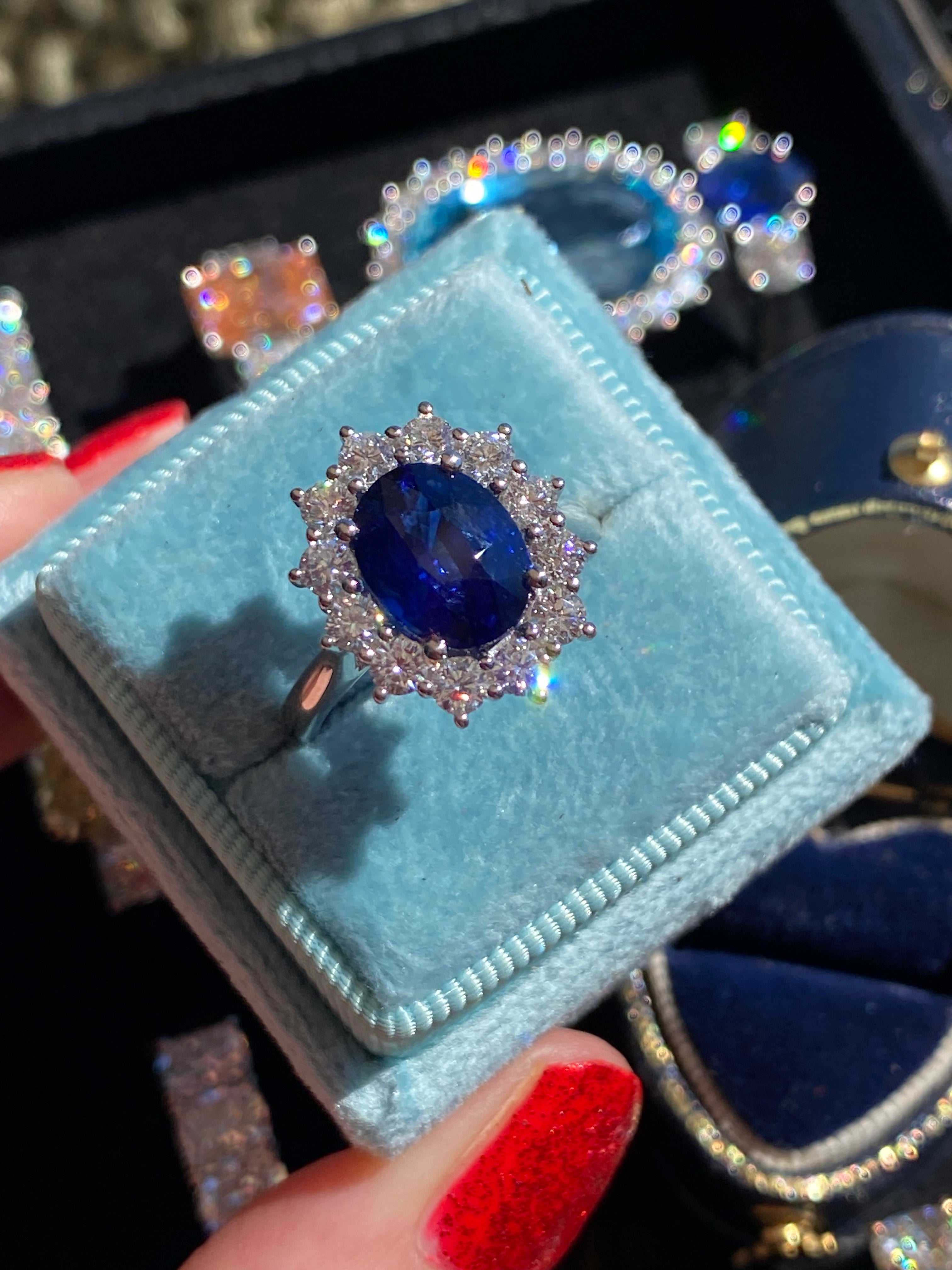 6.37 Carat Gubelin Certed Blue Ceylon Sapphire and 1.80 CTW Natural Diamond Halo Ring in Platinum