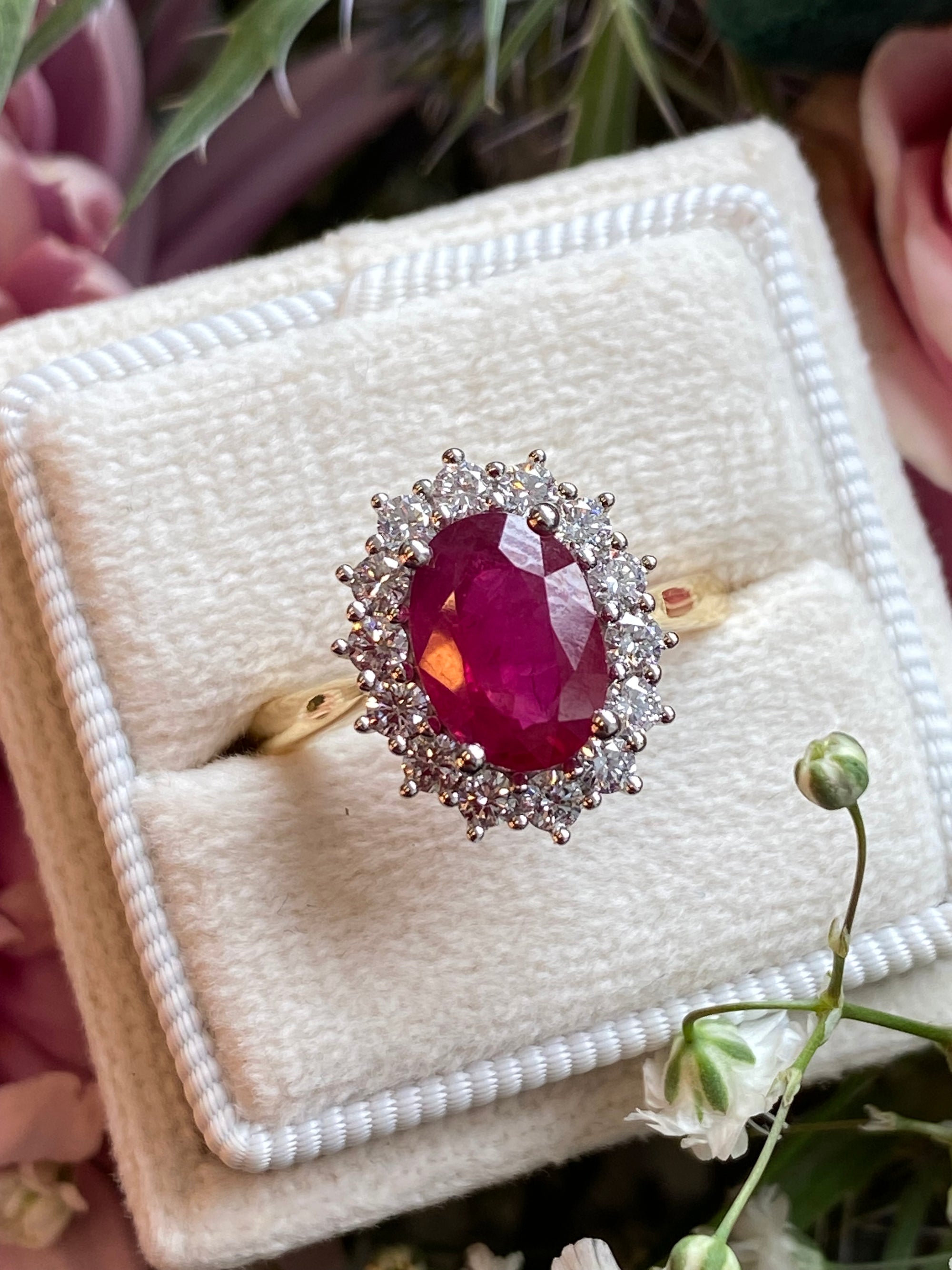 2.95ctw Oval-Cut Ruby and Natural Diamond Halo Ring in Platinum and 18ct Yellow Gold