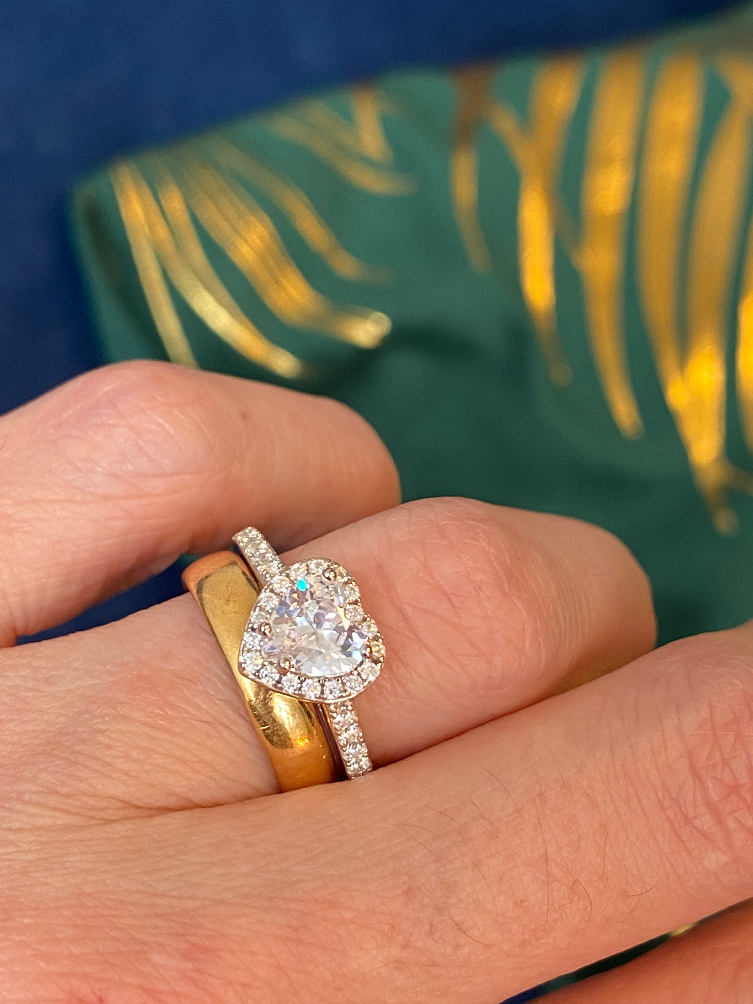 Heart Shape Moissanite Halo Engagement and Wedding / Eternity Ring Set in Sterling Silver
