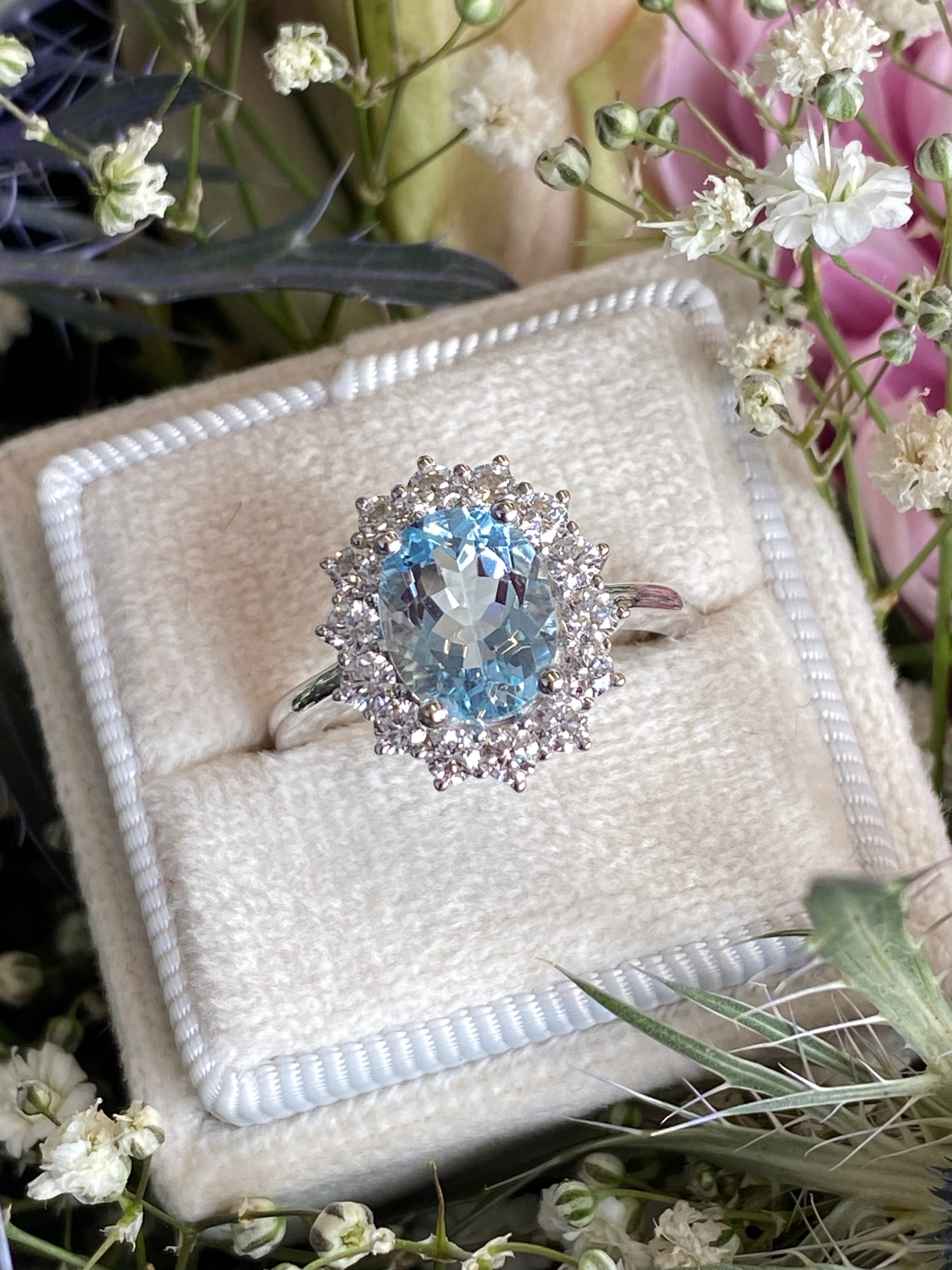 2.02 CTW Oval Cut Aquamarine and Natural Diamond Halo Engagement Ring in Platinum
