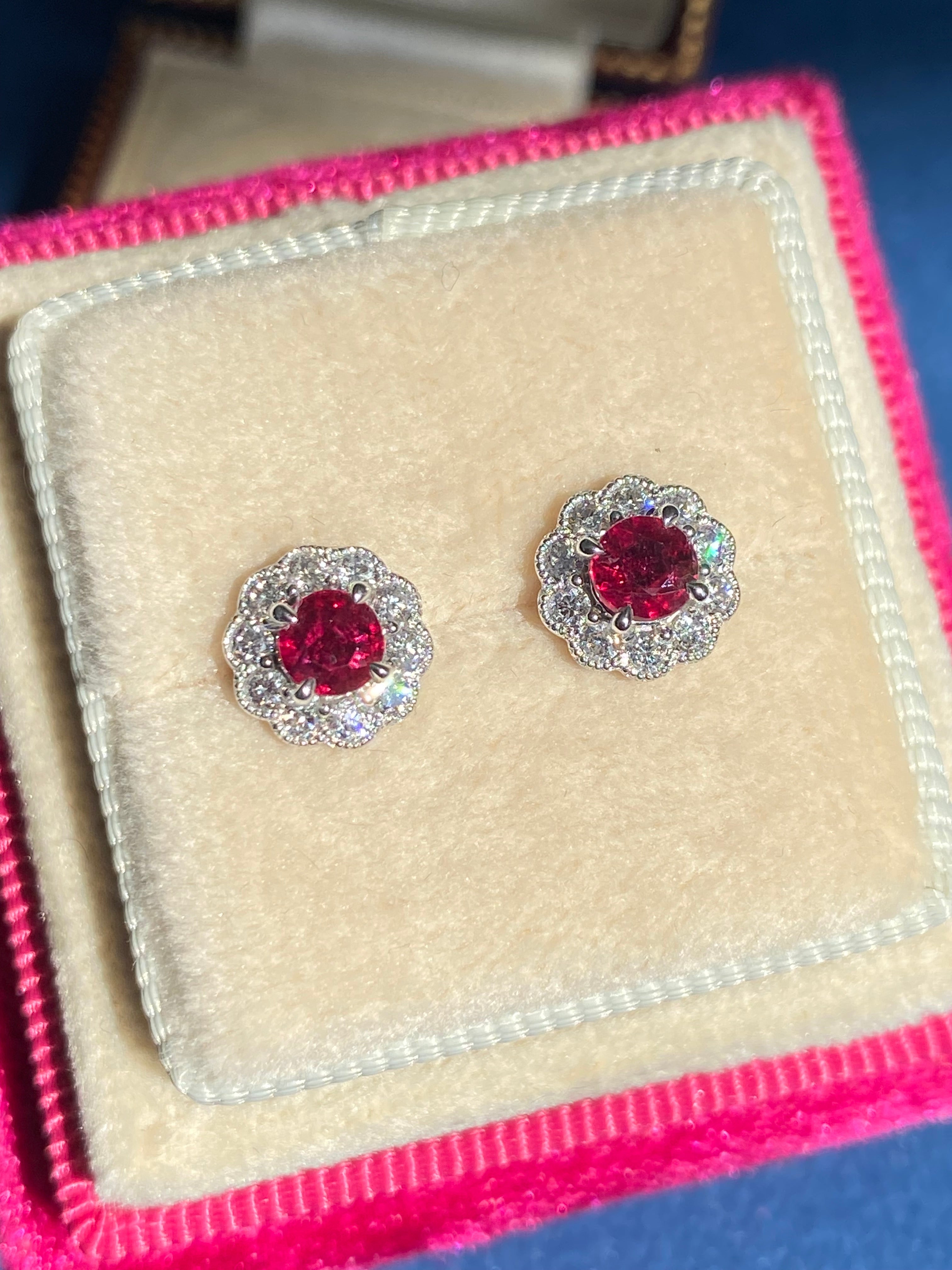 0.97 CTW Ruby and Natural Diamond Stud Earrings in 18ct White Gold