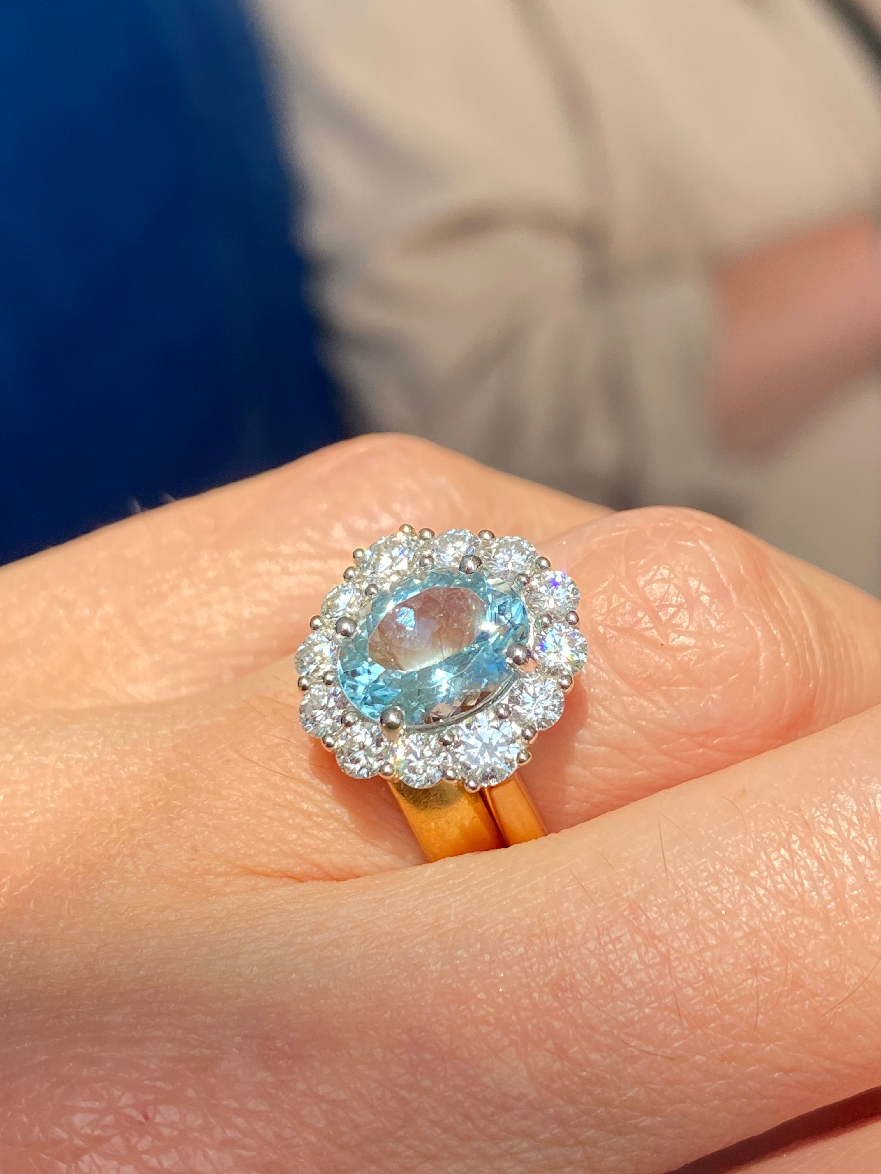 3.53 CTW Aquamarine and Natural Diamond Halo Ring in Platinum and 18ct Yellow Gold