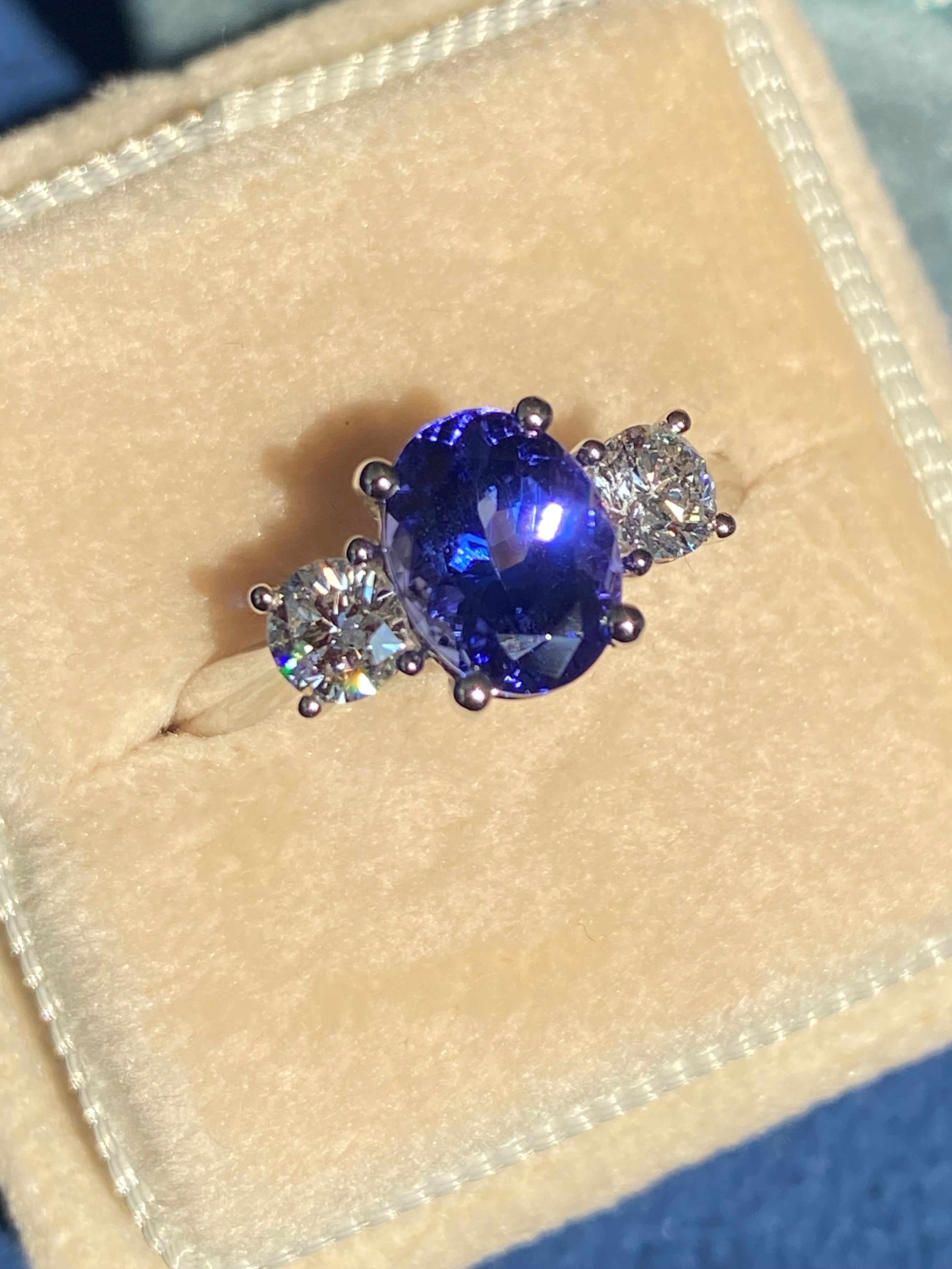2.08 CTW Tanzanite and Natural Diamond Three Stone Ring in Platinum