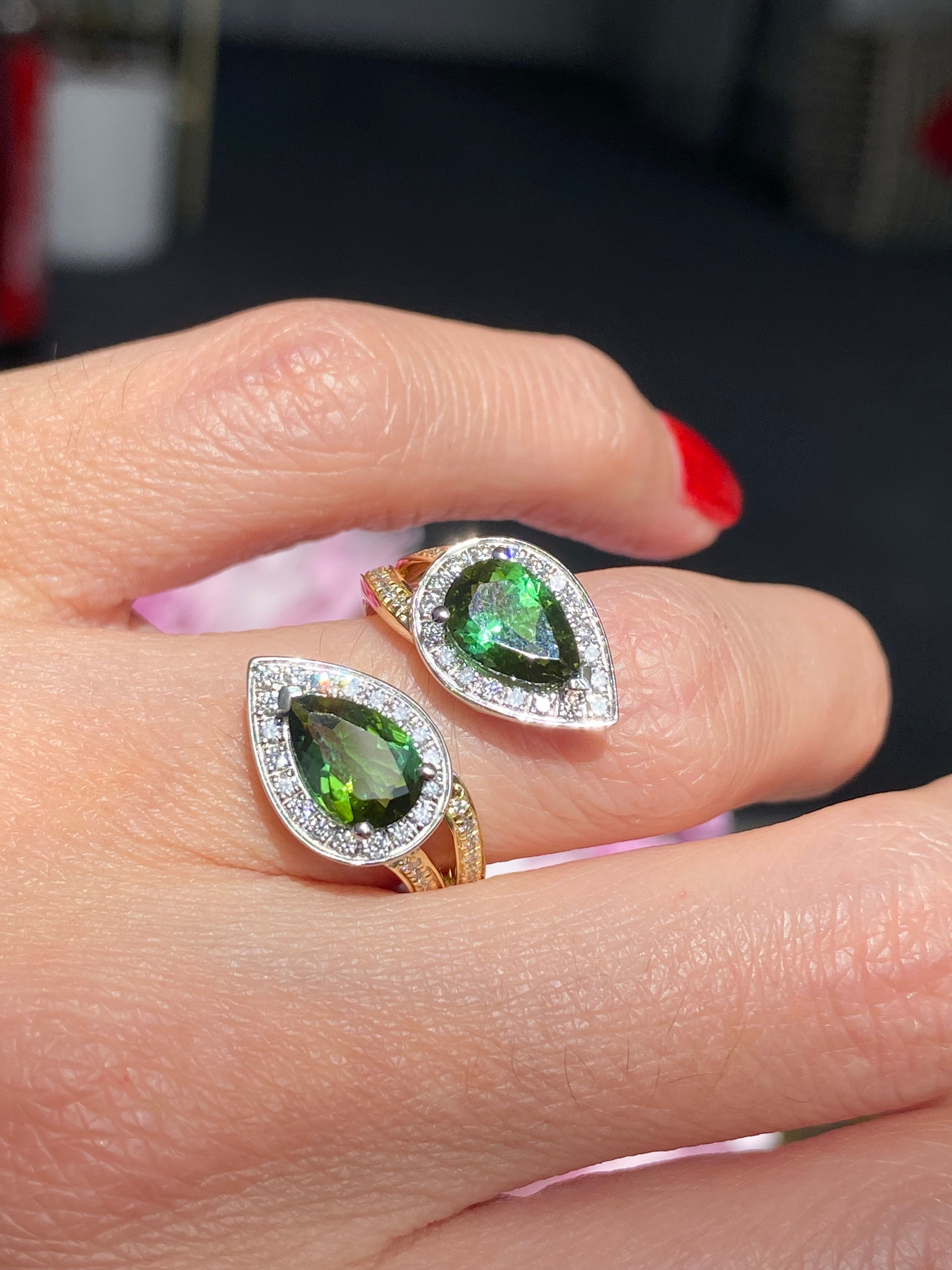 2.60 Carat Green Tourmaline and Diamond Bypass Ring in Platinum and 18ct Yellow Gold