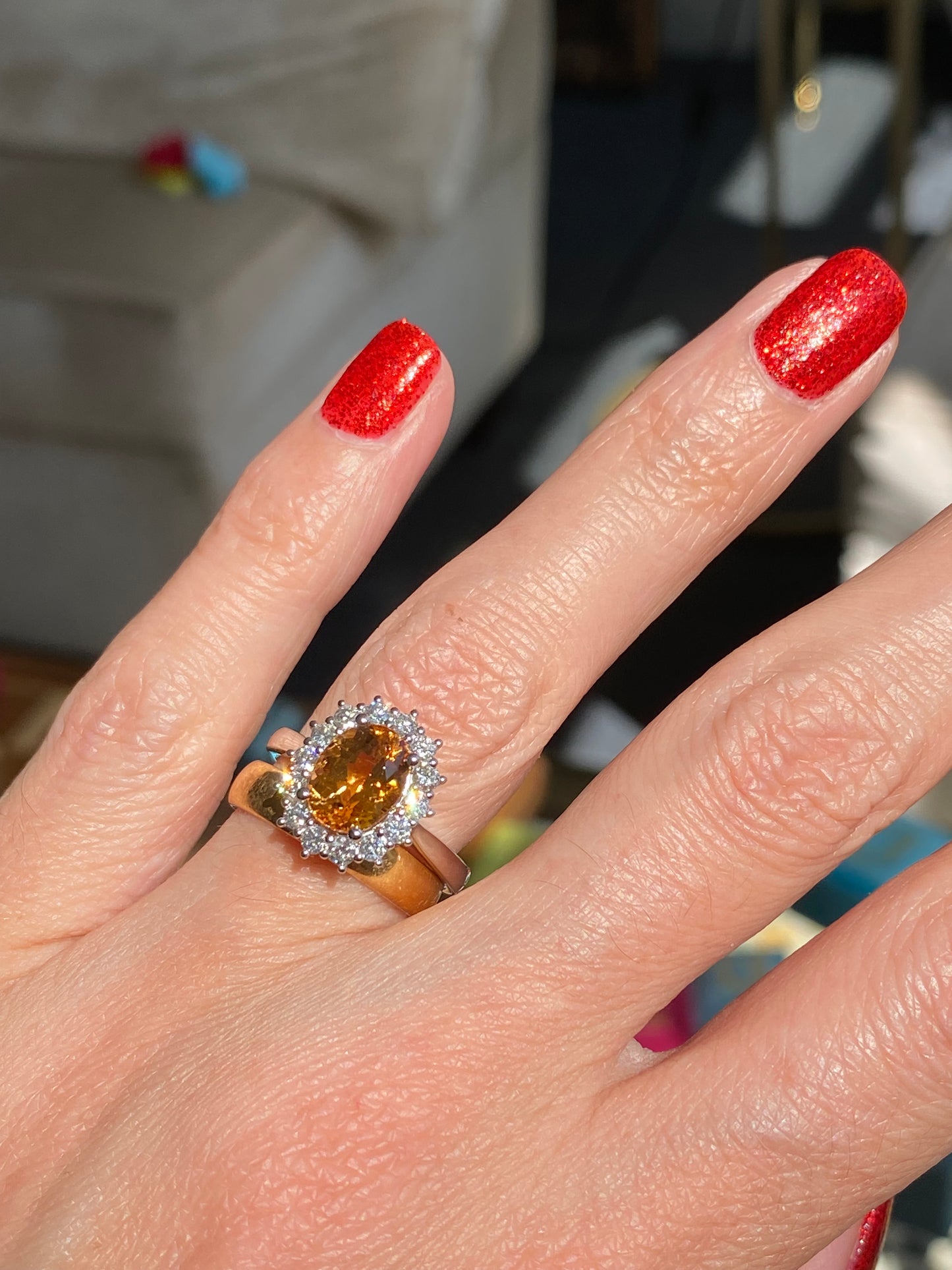 2.46 Carat Golden Topaz and Natural Diamond Ring in Platinum