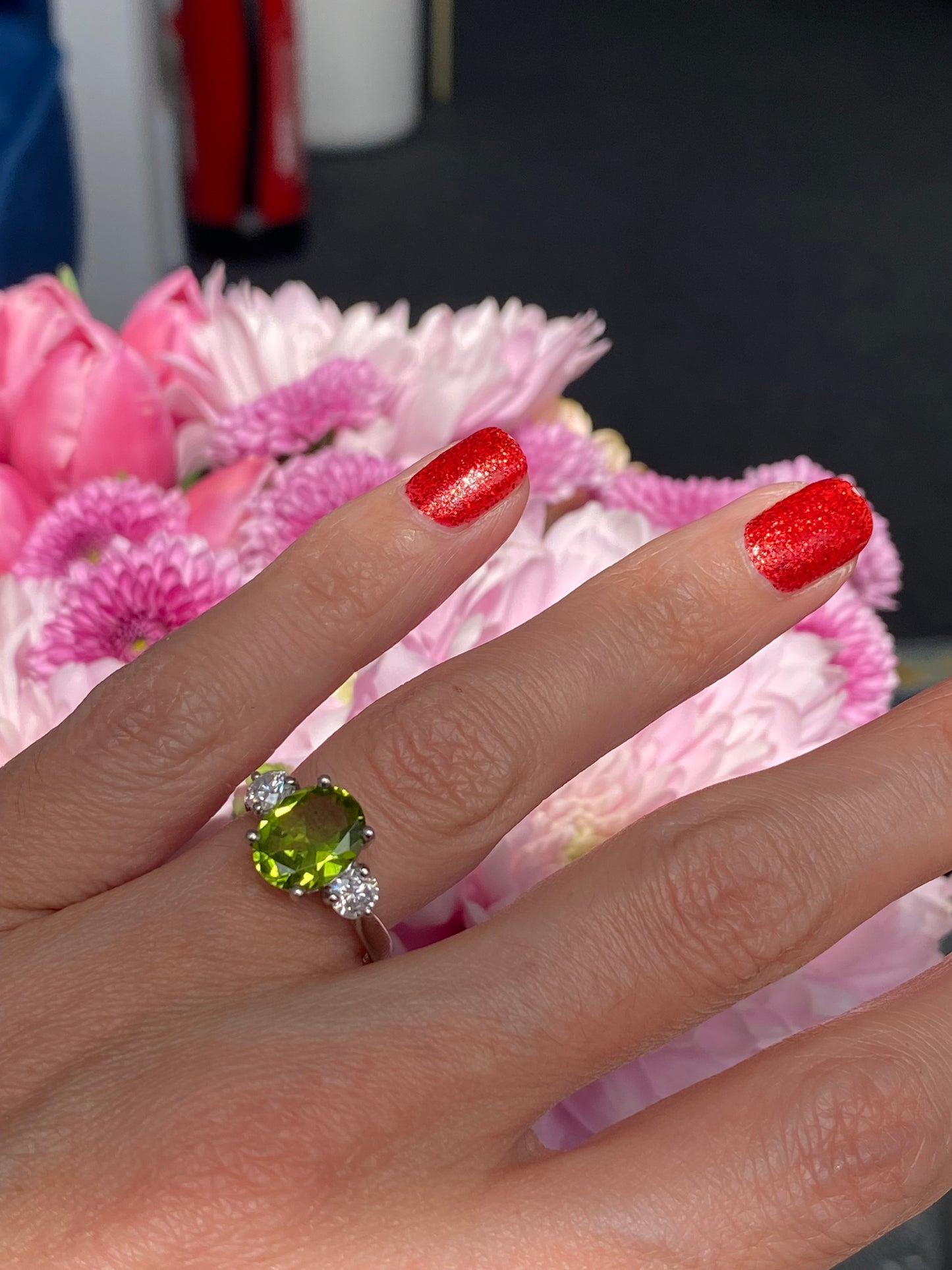 2.61 Carat Peridot and Natural Diamond Three Stone Ring