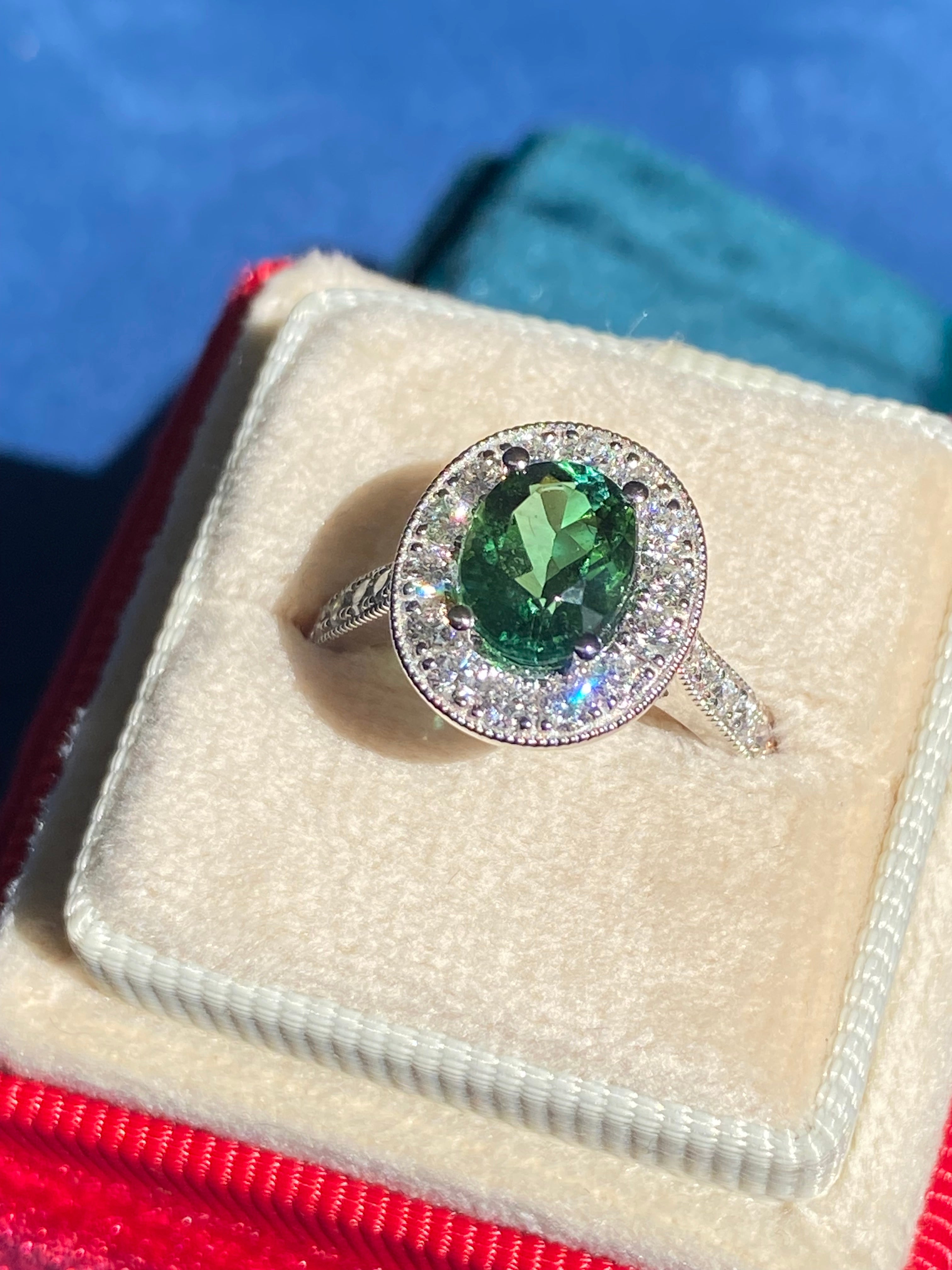 1.66 Carat Oval Cut Mint Tourmaline and 0.66 CTW Natural Diamond Ring in Platinum