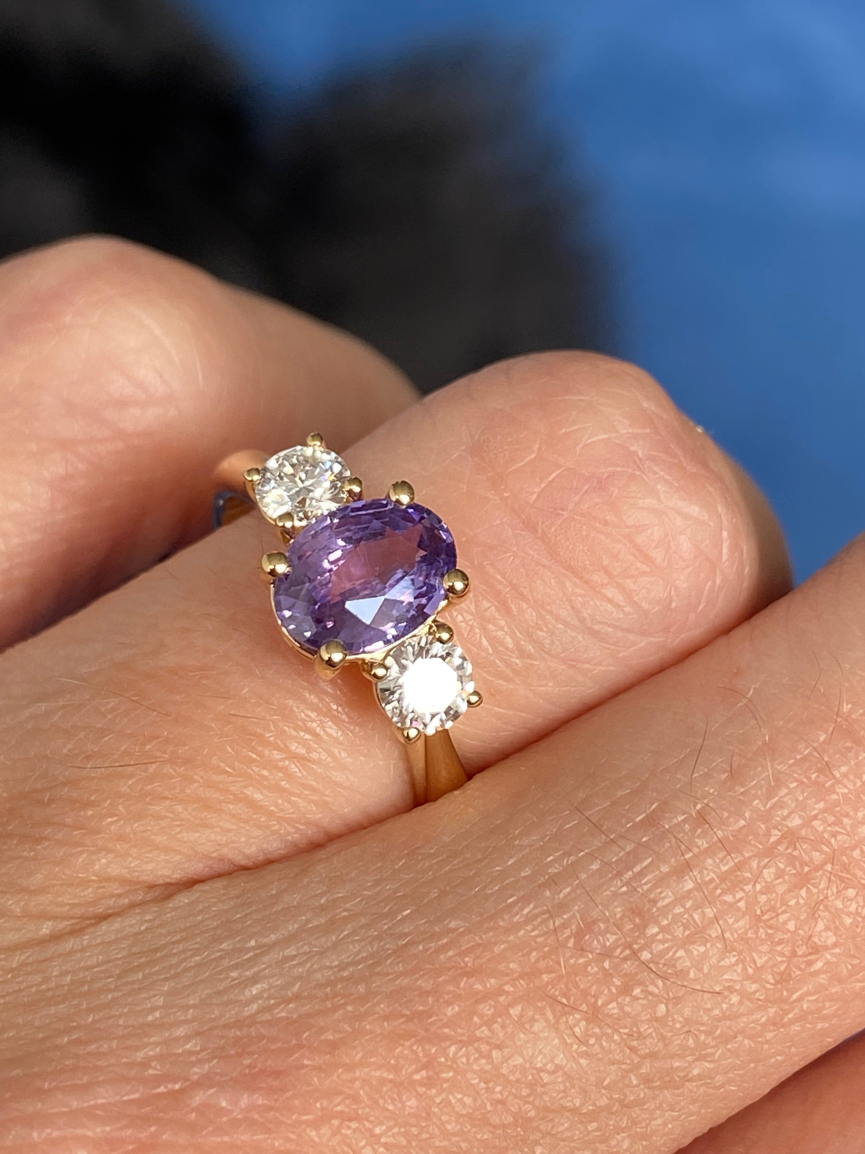1.82 CTW Purple Sapphire and Natural Diamond Three Stone Ring in 18ct Yellow Gold