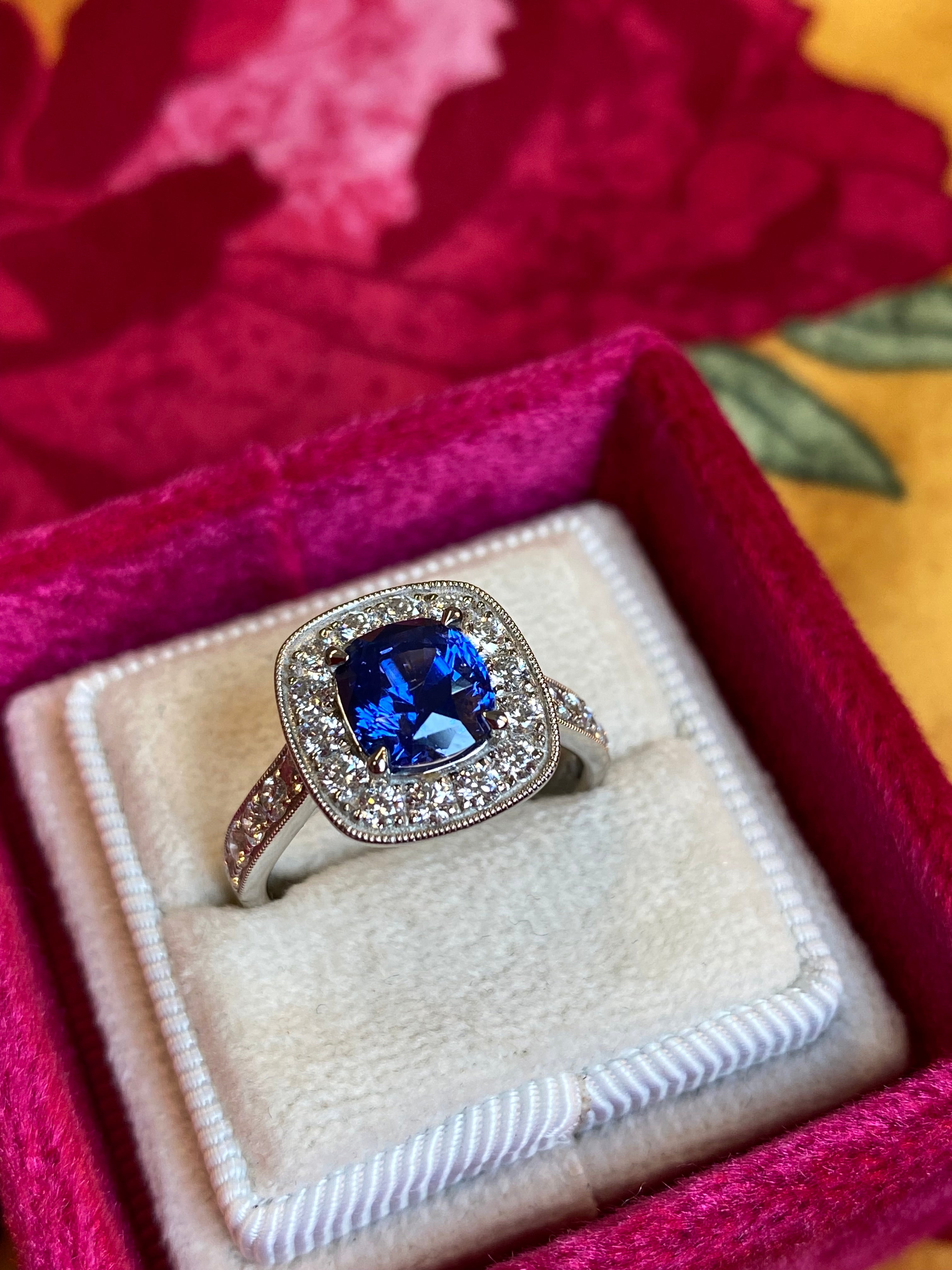 2.24 Carat Blue Ceylon Sapphire and Natural Diamond Halo Ring in Platinum