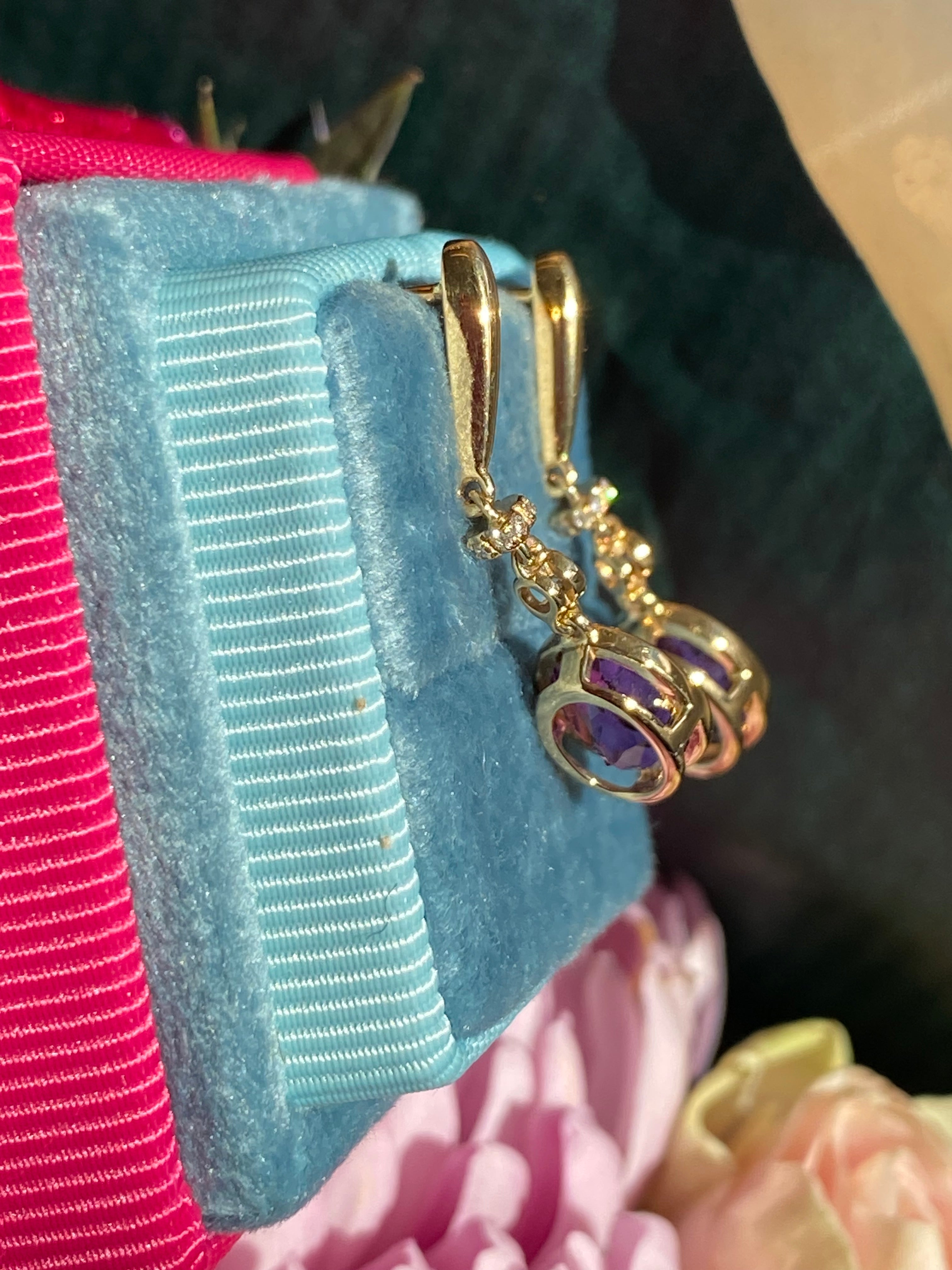 2.47 CTW Amethyst and Diamond Drop Earrings in 18ct Yellow Gold