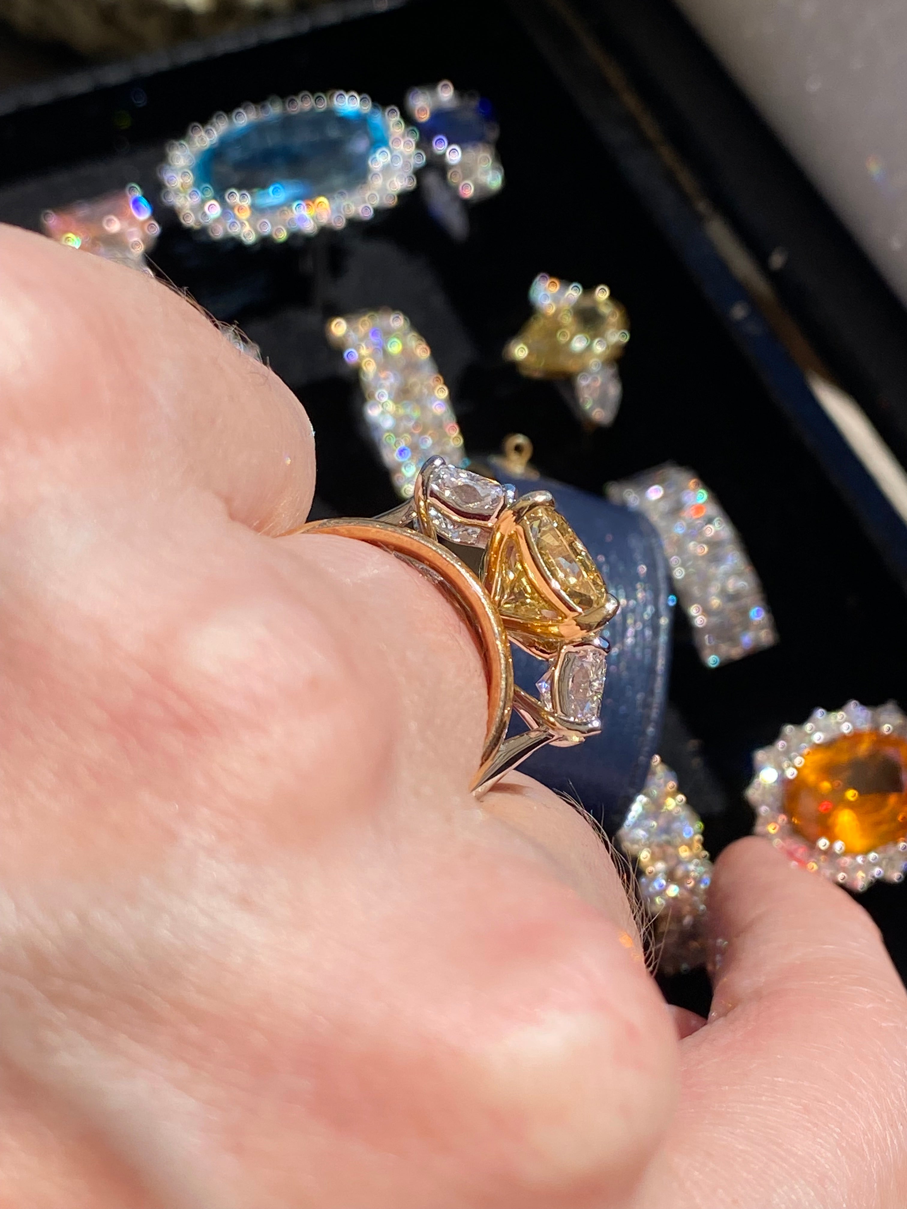 8.29 CTW Radiant Cut Fancy Yellow Lab Diamond Three Stone Engagement Ring in Platinum and 18ct Yellow Gold