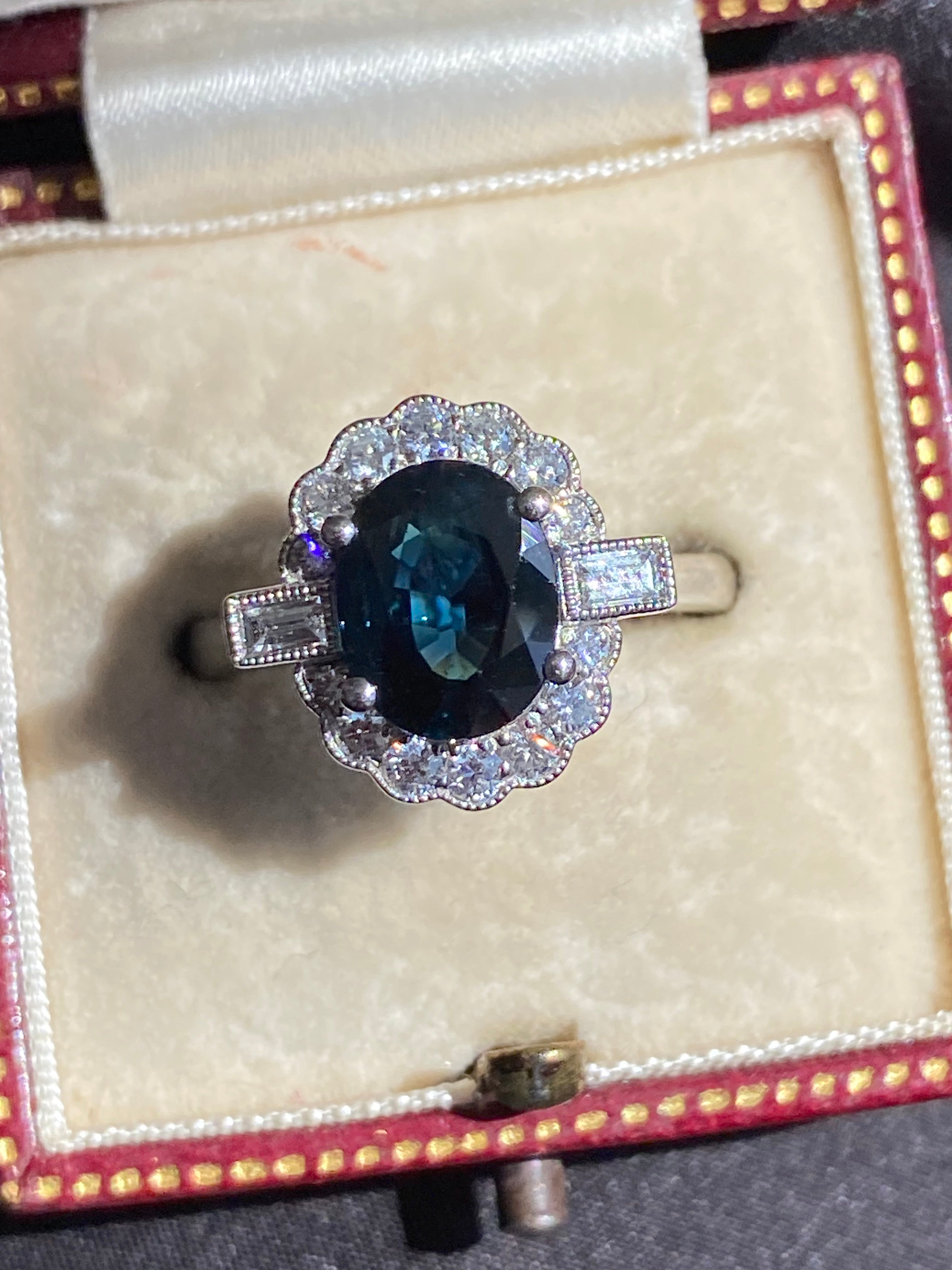 2.66 CTW Teal Sapphire and Natural Diamond Ring in Platinum