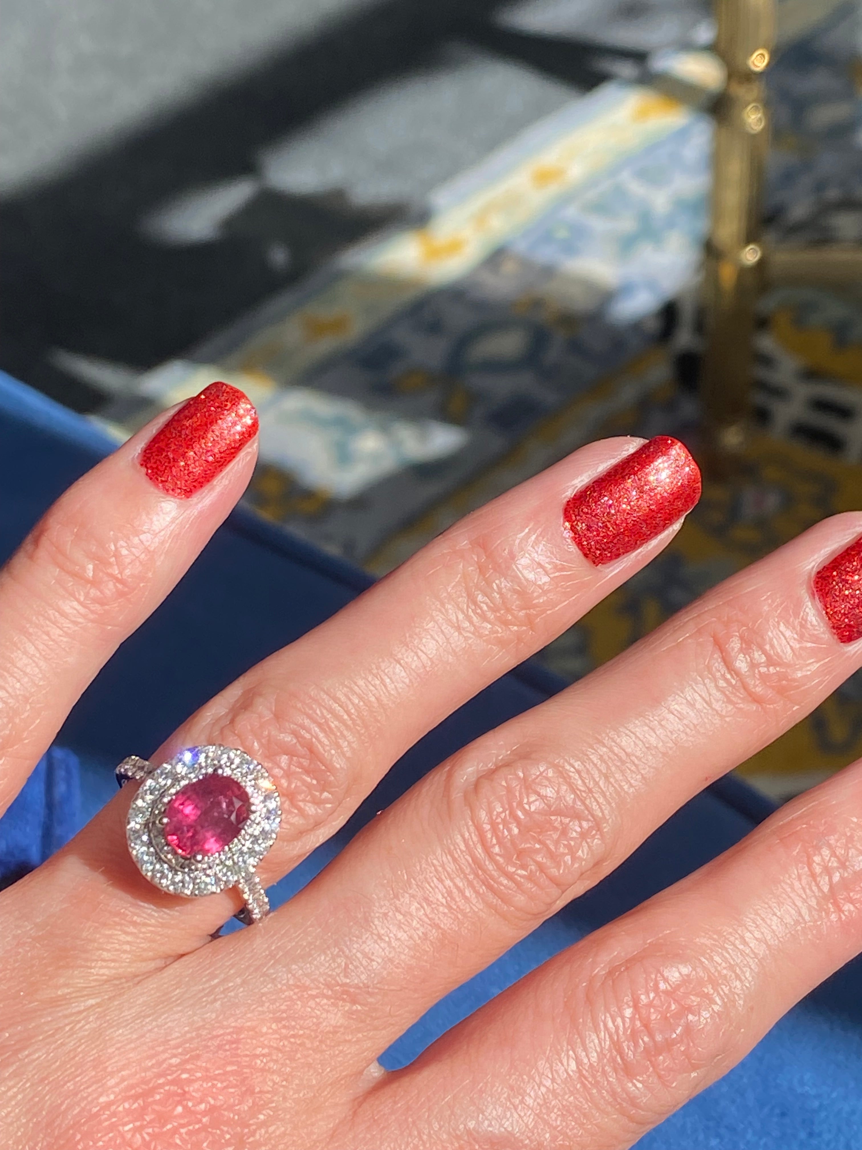 2.56 CTW Oval-Cut Ruby and Natural Diamond Double Halo Ring in Platinum