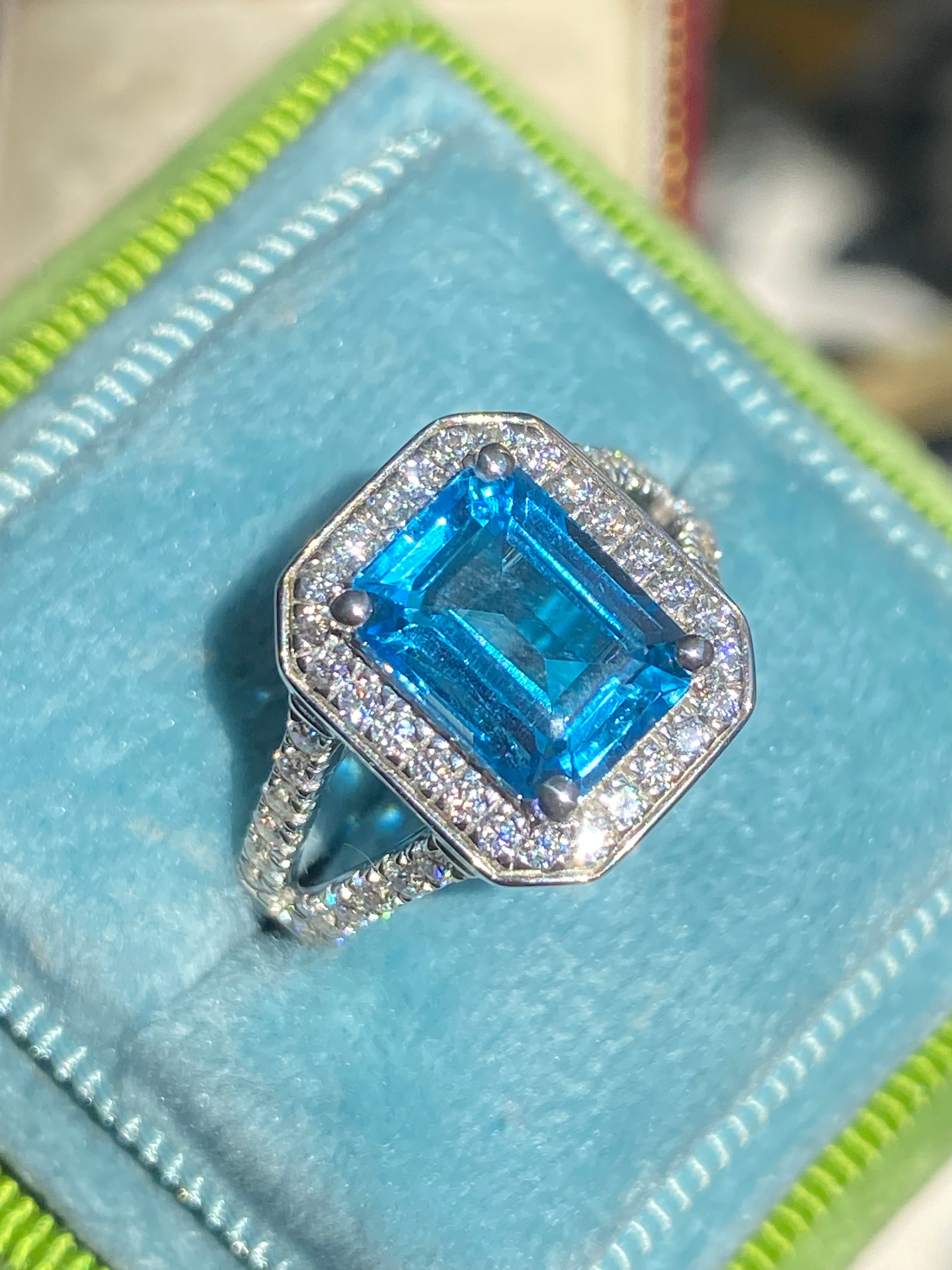 3.10 CTW Emerald Cut Moissanite and Blue Topaz Halo Ring in Sterling Silver