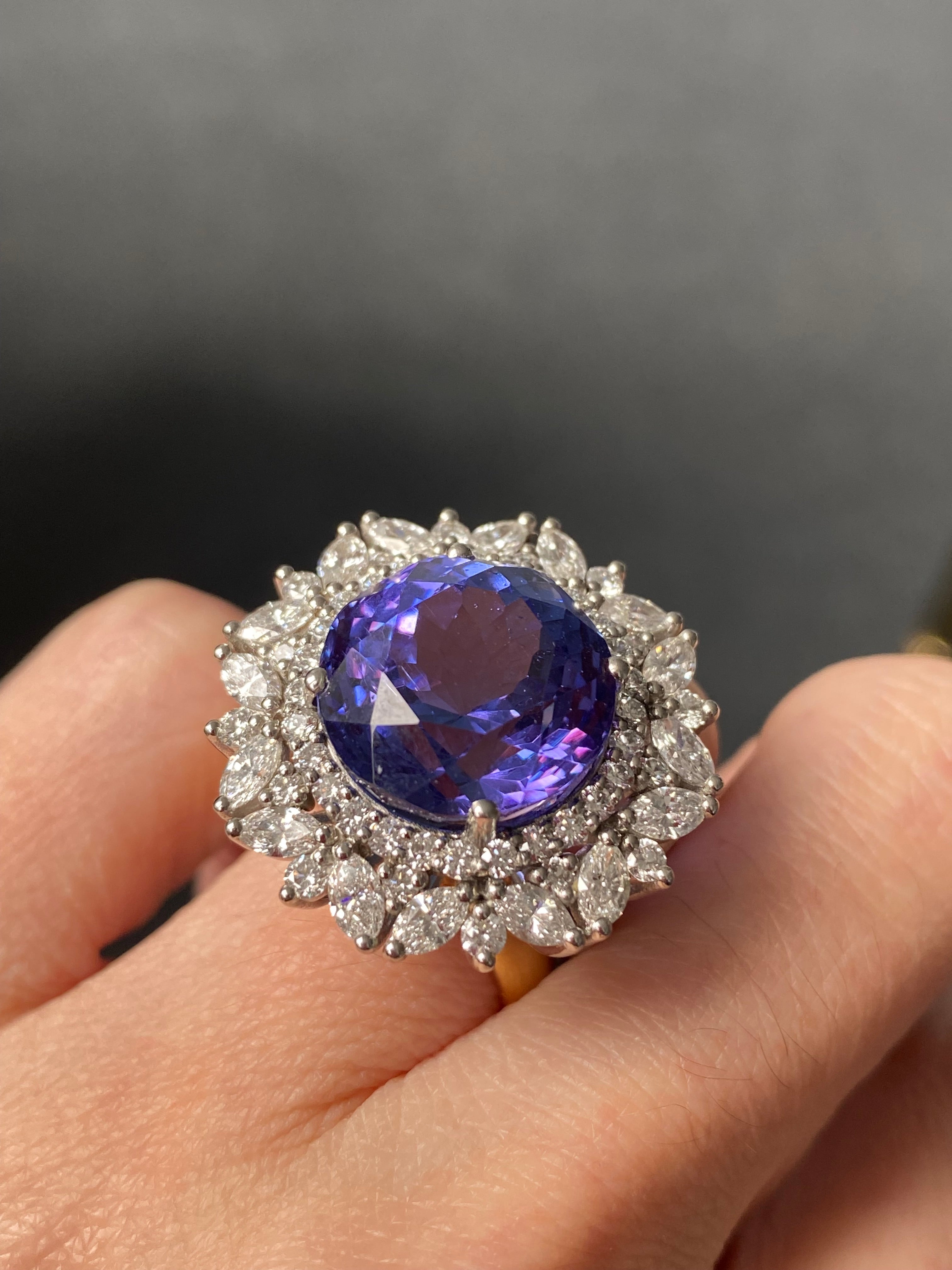 15.96 Carat Round Cut Tanzanite and 2.88ctw Natural Diamond Cocktail Ring in Platinum