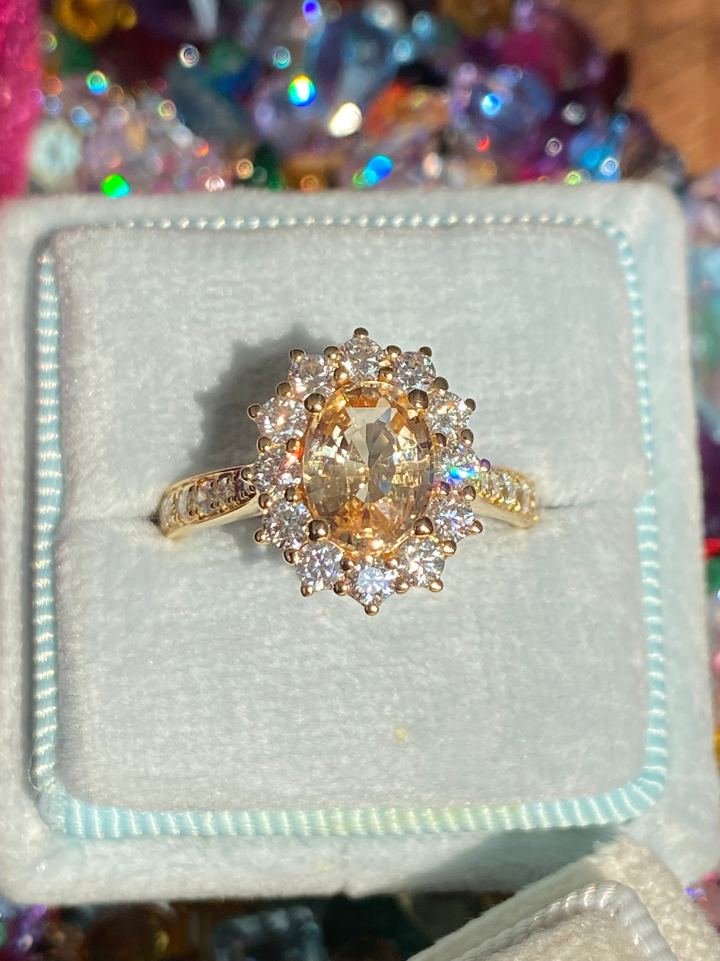 2.24 CTW Peach Sapphire and Natural Diamond Halo Ring in 18ct Yellow Gold