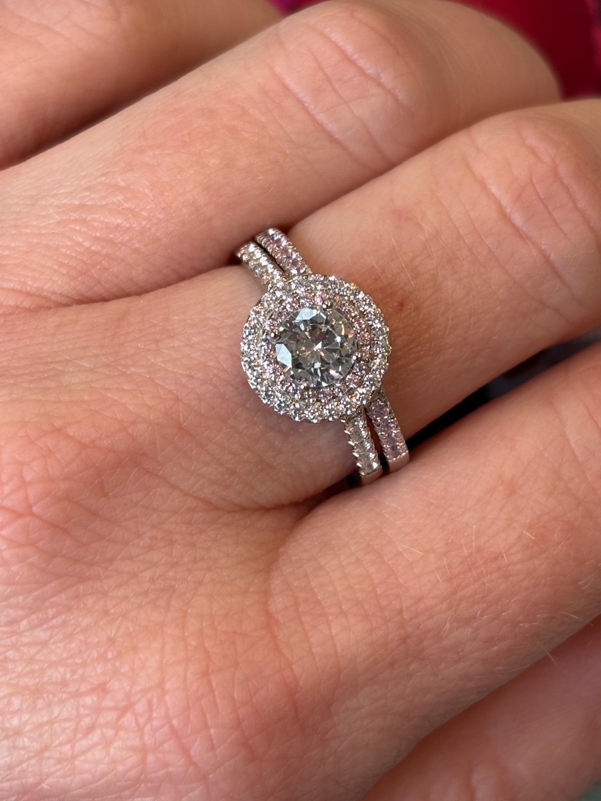 Round Cut Moissanite Pink Double Halo Engagement and Wedding / Eternity Ring Set in Sterling Silver