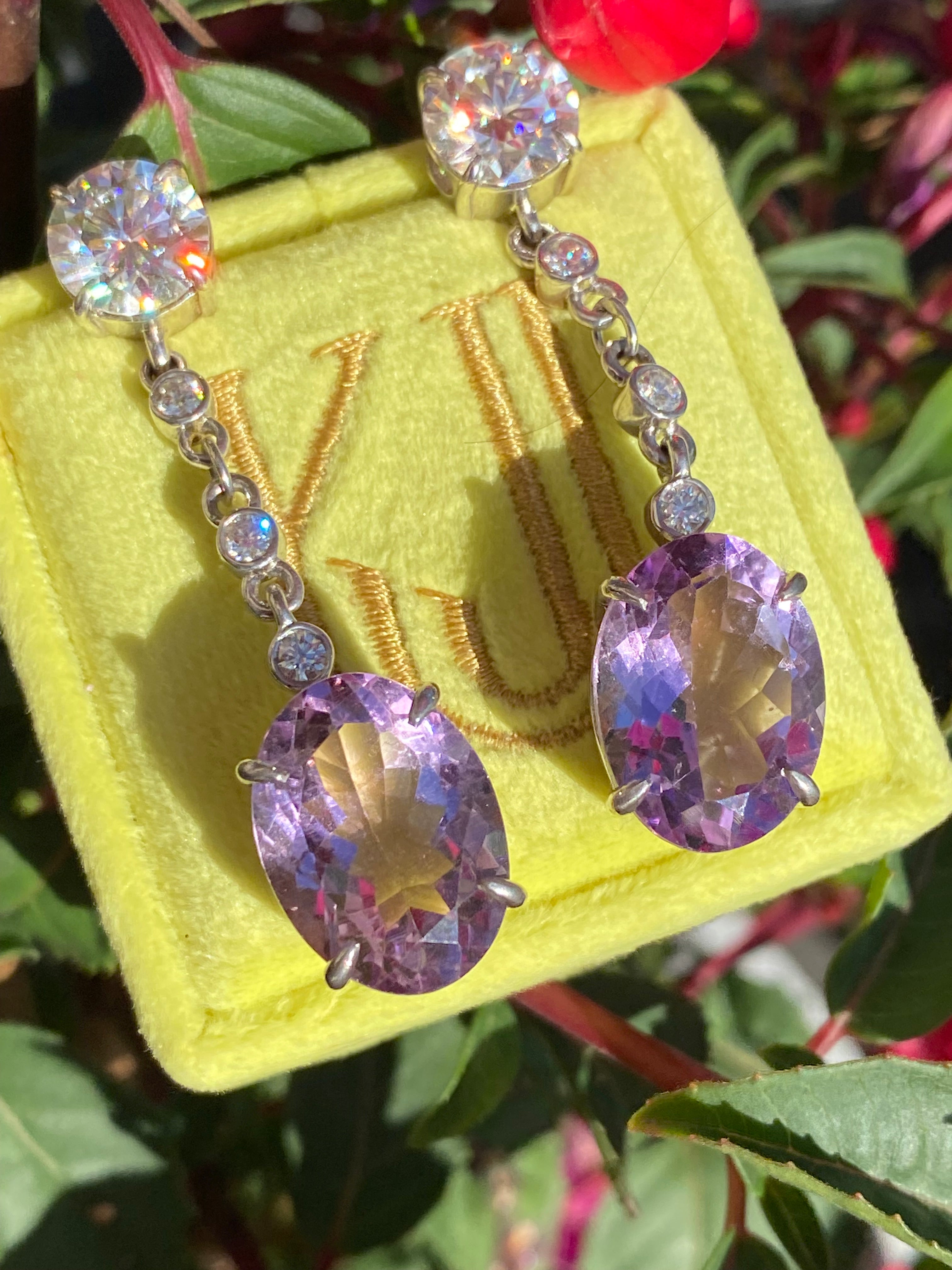 28.00 Carat Oval Cut Rose de France Amethyst and Moissanite Earrings in Sterling Silver