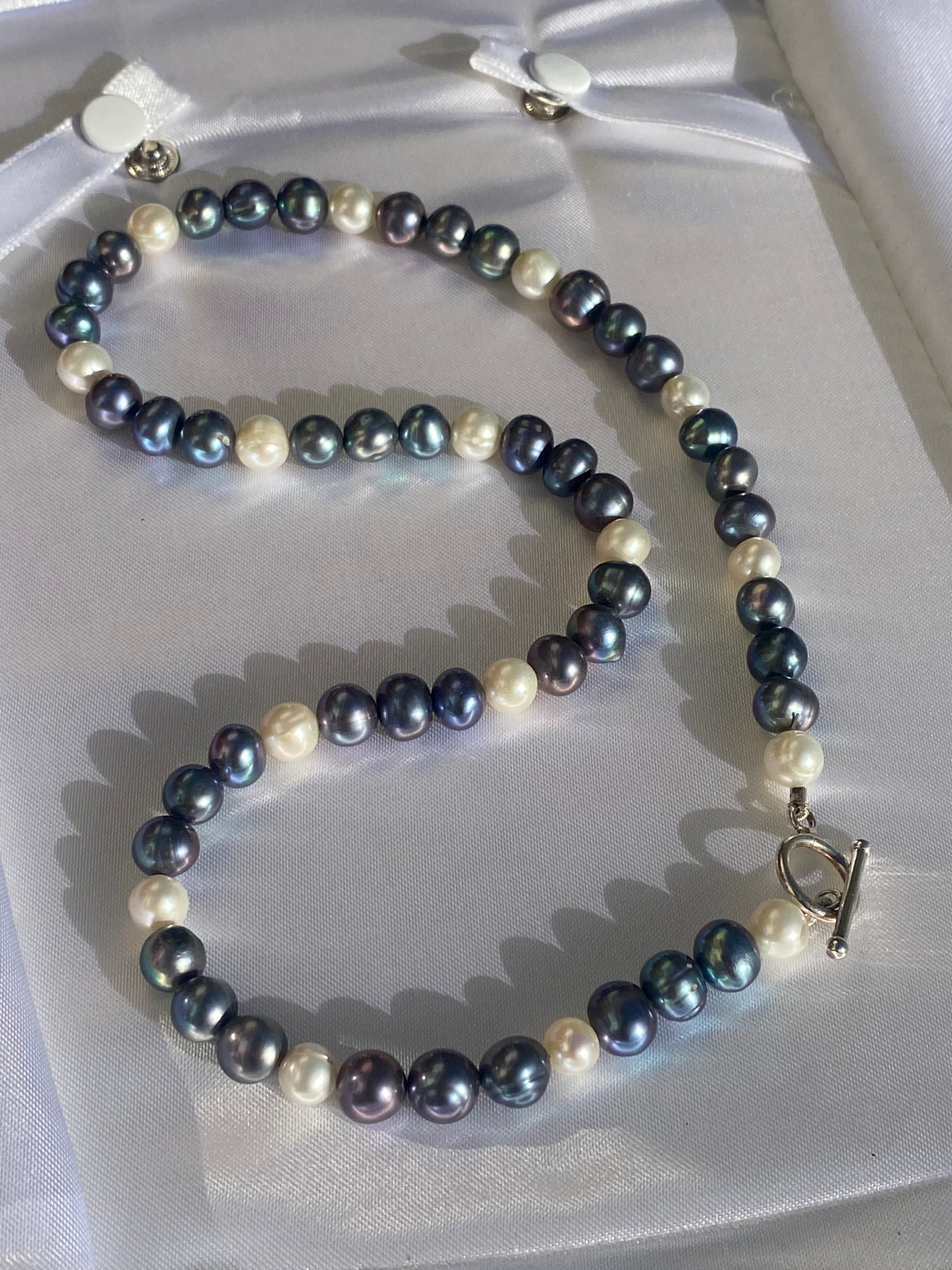 Vintage Black and White Freshwater Pearl Necklace with Sterling Silver Clasp