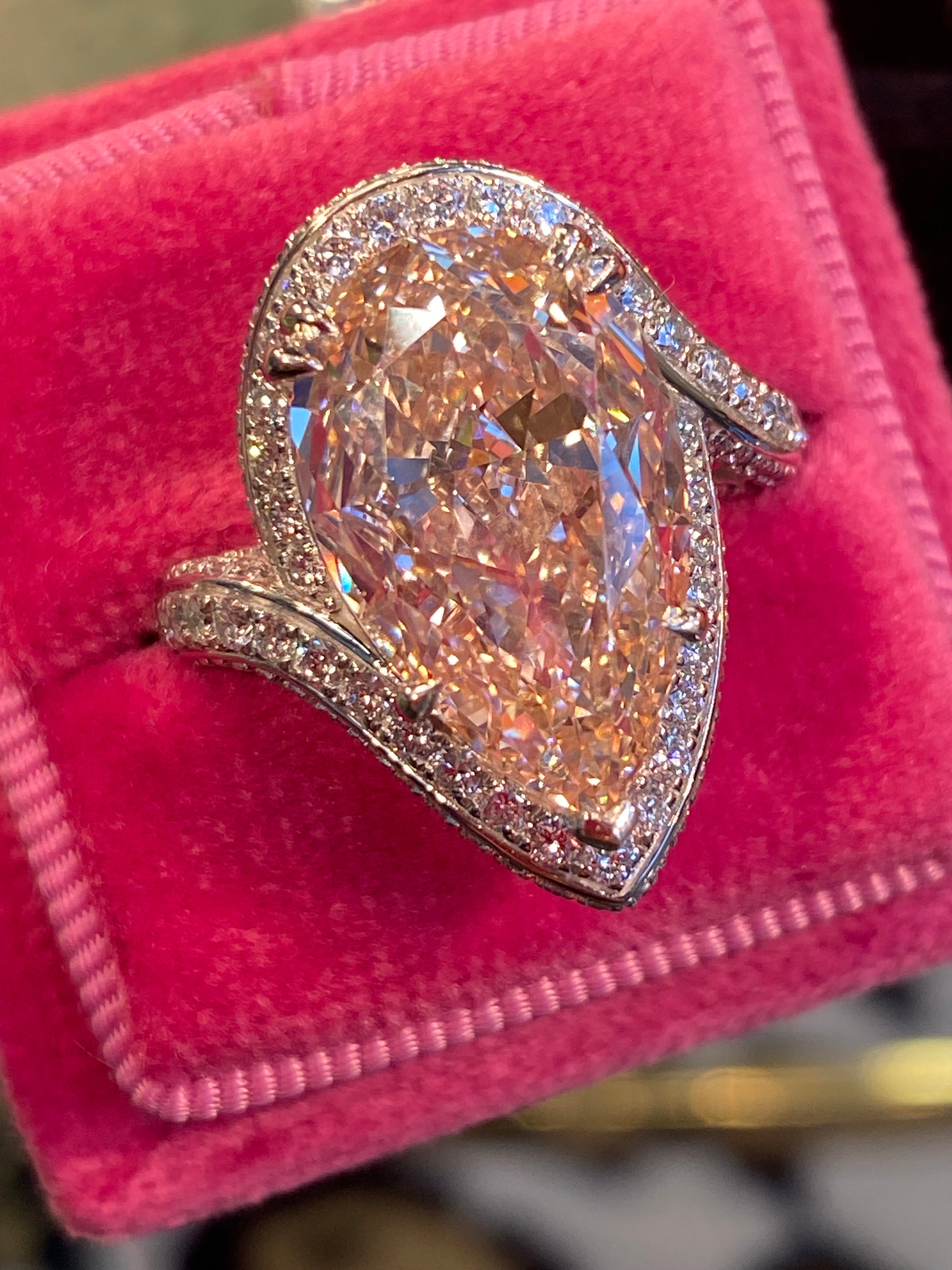 10.45 Carat Fancy Pink Pear Cut + 1.35ctw Lab Diamond Engagement Ring in Platinum