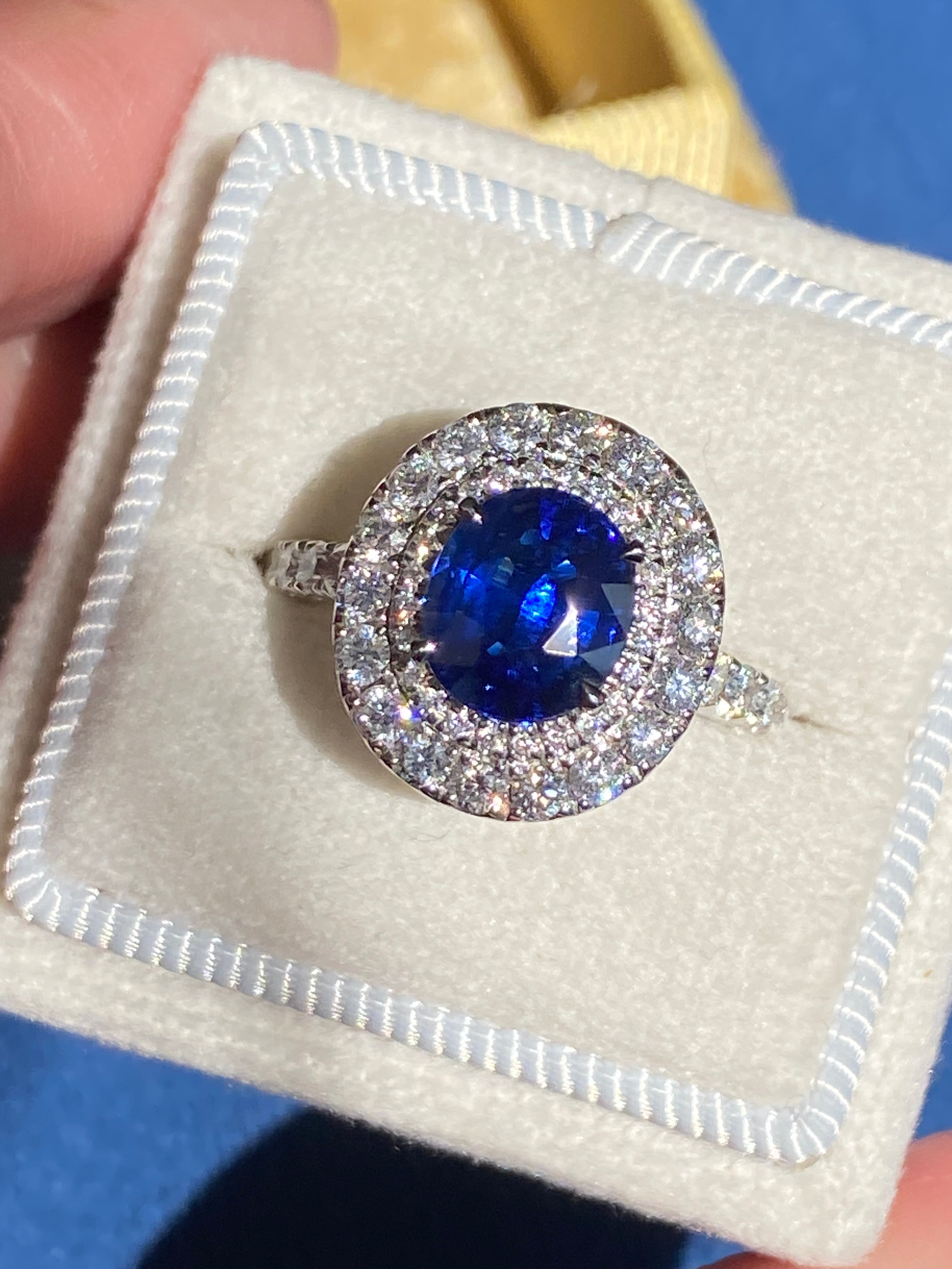 2.21 Carat Blue Ceylon Sapphire and 1.04 CTW Natural Diamond Halo Ring in Platinum