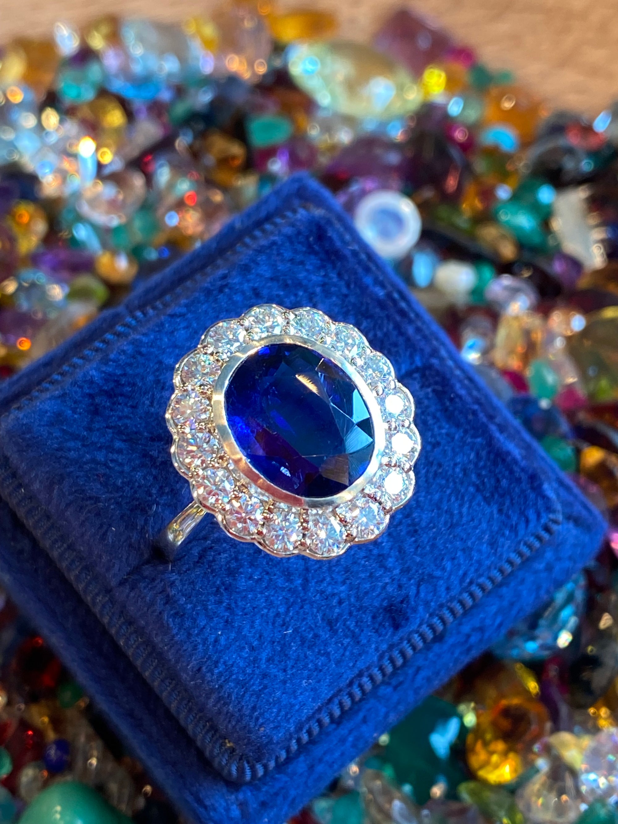 5.40 CTW Oval Cut Kyanite and Moissanite Halo Ring in Sterling Silver